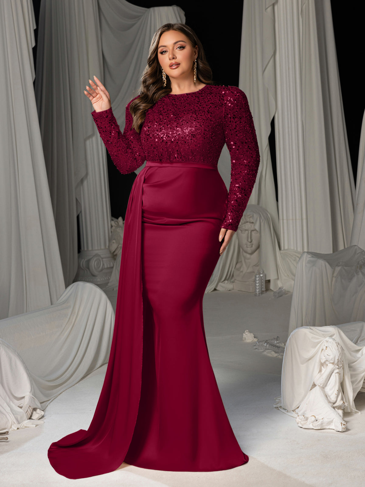Plus Round Neck Long Sleeves Formal Evening Dress with Sequin Bodice and Satin Mermaid Skirt