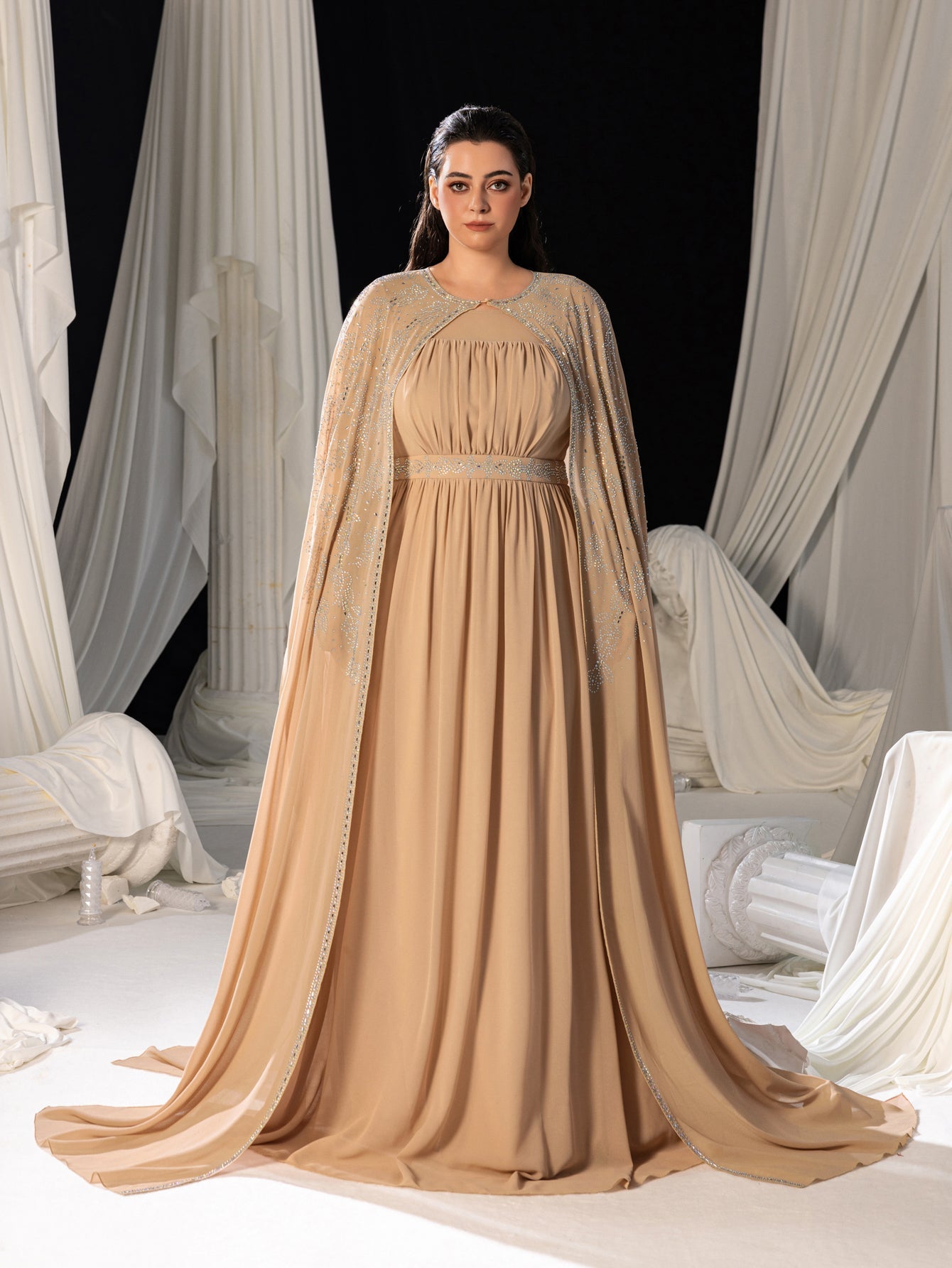 Plus Gorgeous ??Two-Piece Chiffon Evening Dress | Rhinestone Cape Sle Curvepretty Plus Gorgeous ??Two-Piece Chiffon Evening Dress | Rhinestone Cape Sle Curvepretty