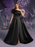 Plus-Size Dramatic Black Bridal Gowns: Asymmetrical One-Shoulder & Backless Satin Ball Dresses with Floor-Length Silhouette