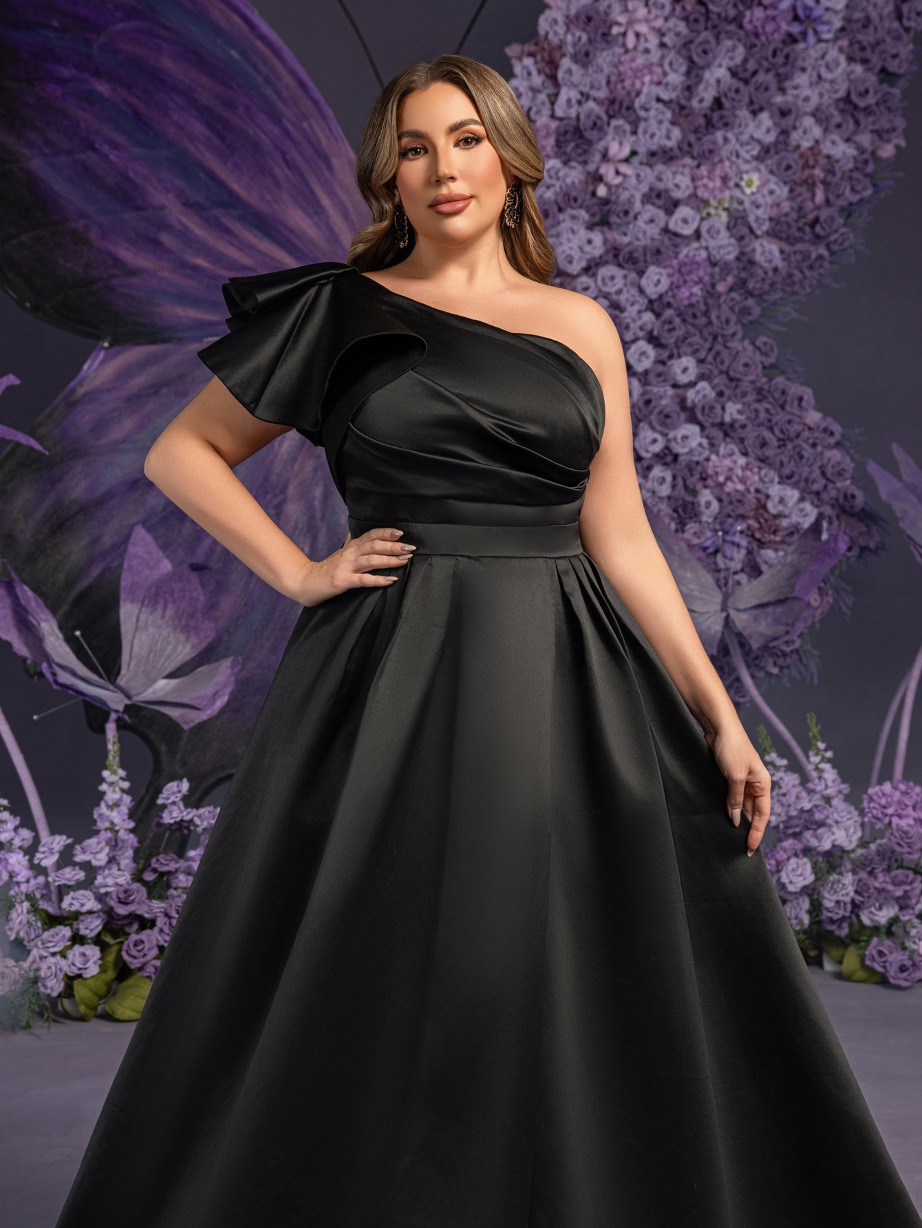 Plus-Size Dramatic Black Bridal Gowns: Asymmetrical One-Shoulder & Backless Satin Ball Dresses with Floor-Length Silhouette