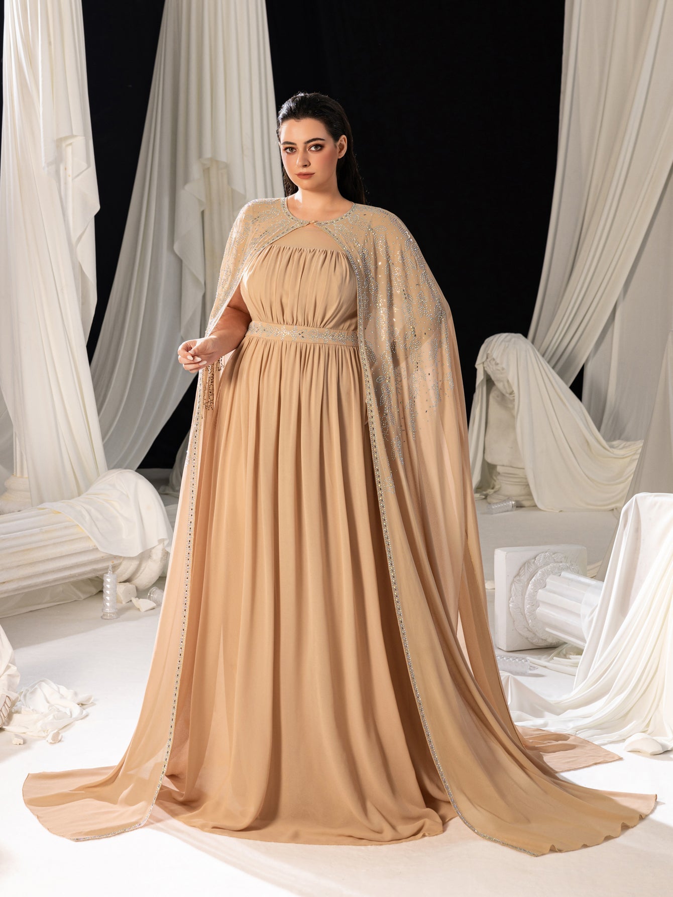 Plus Gorgeous Two-Piece Chiffon Evening Dress | Rhinestone Cape Sleeves & A-Line Skirt with Cathedral Train