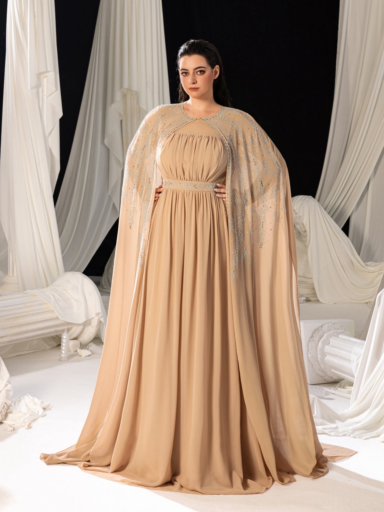 Plus Gorgeous Two-Piece Chiffon Evening Dress | Rhinestone Cape Sleeves & A-Line Skirt with Cathedral Train