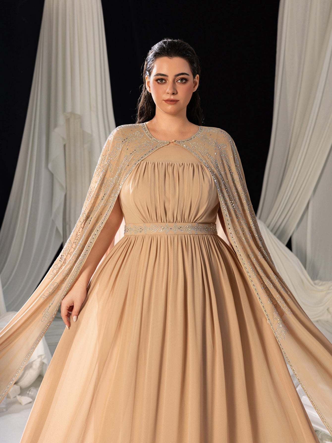 Plus Gorgeous Two-Piece Chiffon Evening Dress | Rhinestone Cape Sleeves & A-Line Skirt with Cathedral Train