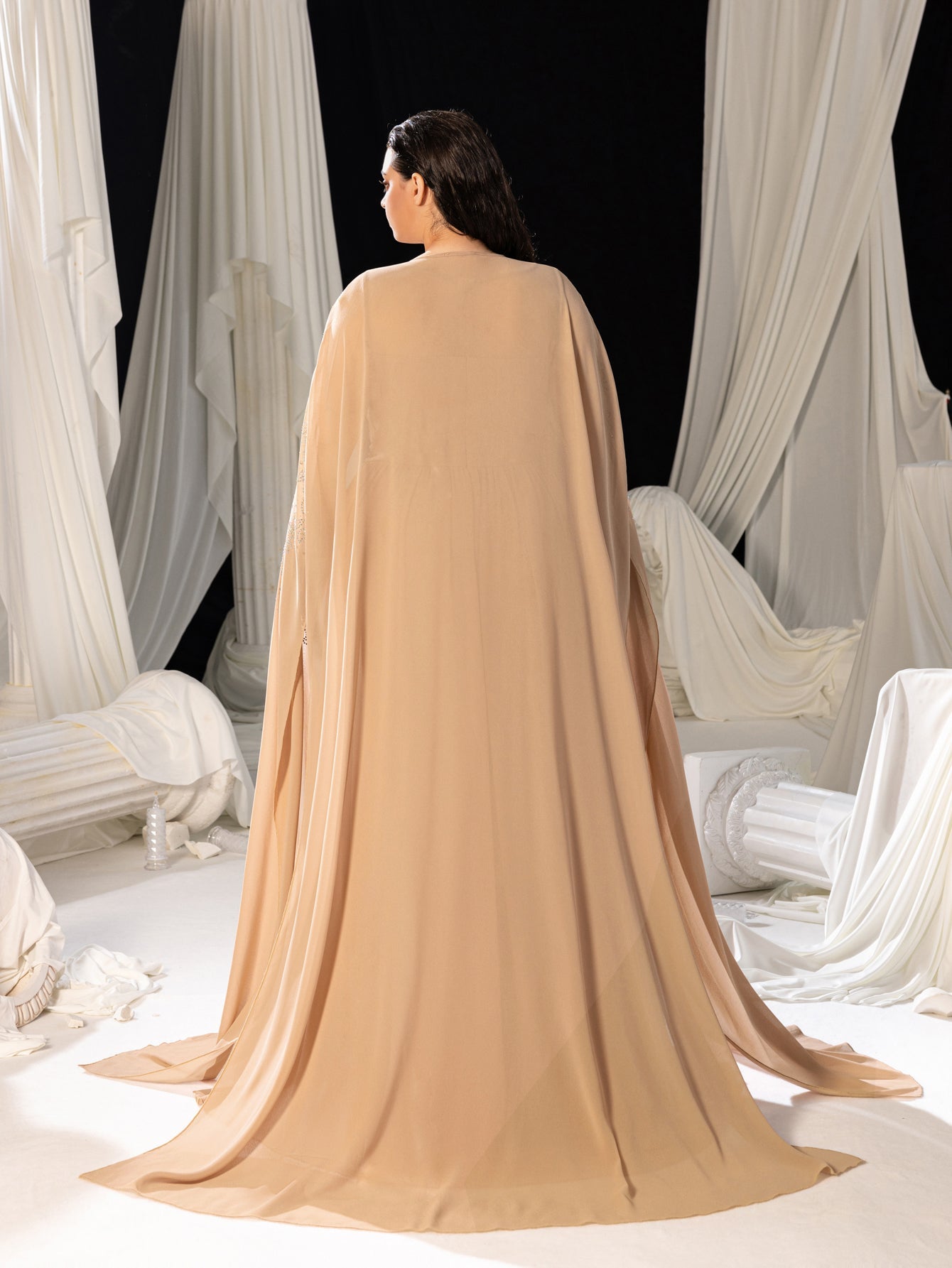 Plus Gorgeous Two-Piece Chiffon Evening Dress | Rhinestone Cape Sleeves & A-Line Skirt with Cathedral Train