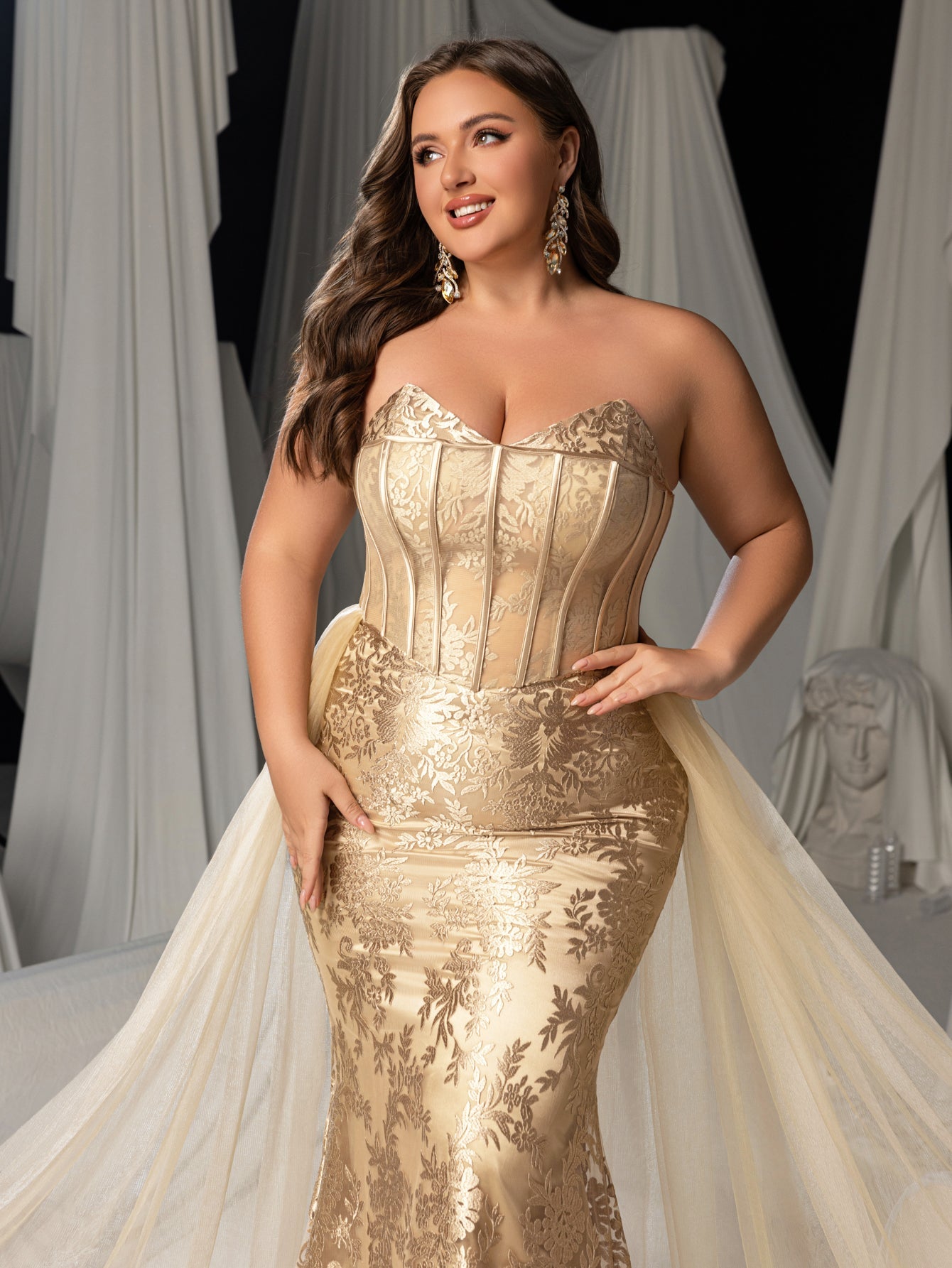 Plus Luxury Embroidered Mermaid Gown with Flowing Veil Elegant Sati Curvepretty Plus Luxury Embroidered Mermaid Gown with Flowing Veil Elegant Sati Curvepretty
