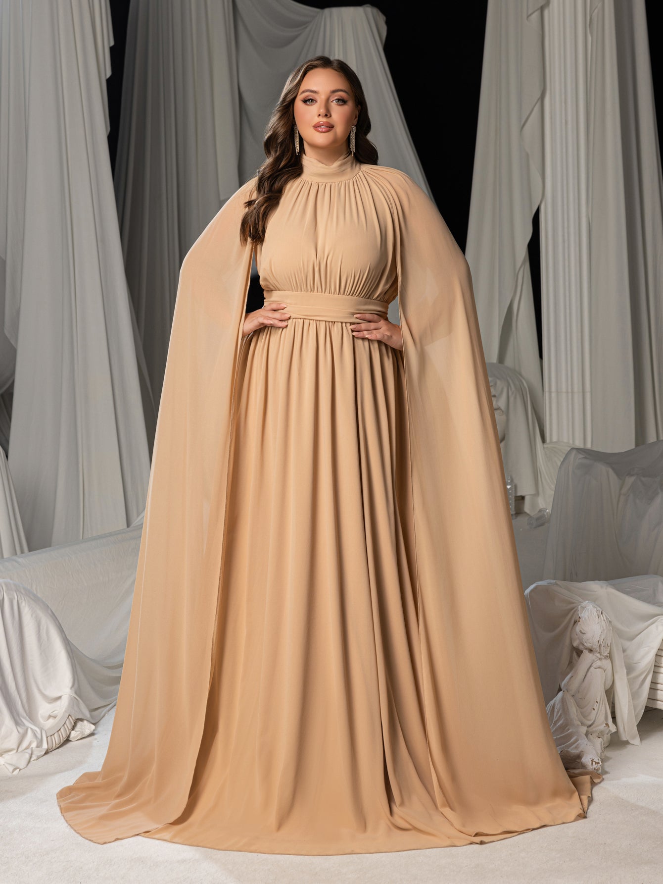Plus Mock Neck Cloak Sleeves Chiffon Formal Cape Dress Champagne / 2XL Plus Mock Neck Cloak Sleeves Chiffon Formal Cape Dress Champagne / 2XL