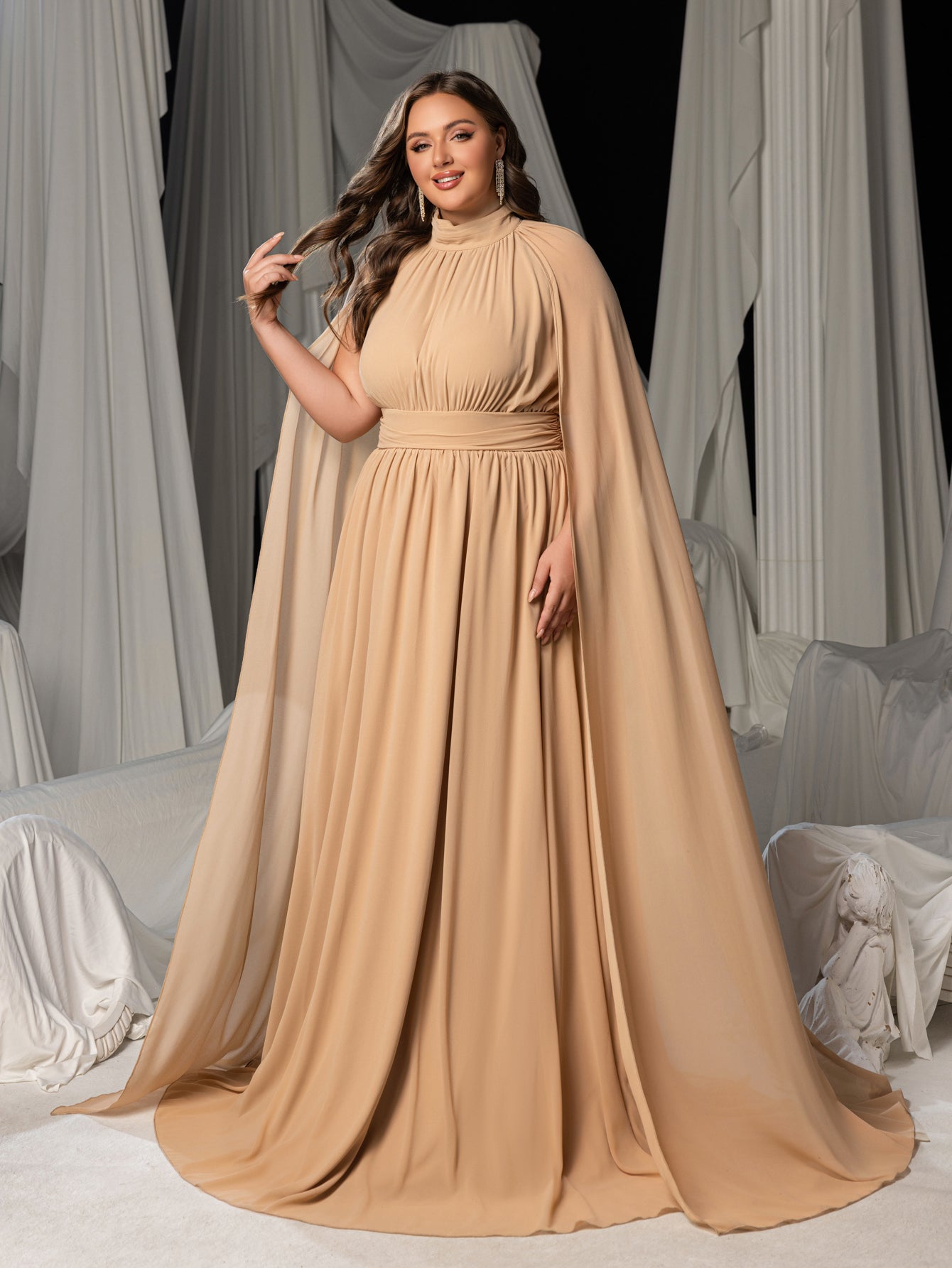 Plus Mock Neck Cloak Sleeves Chiffon Formal Cape Dress Curvepretty Plus Mock Neck Cloak Sleeves Chiffon Formal Cape Dress Curvepretty