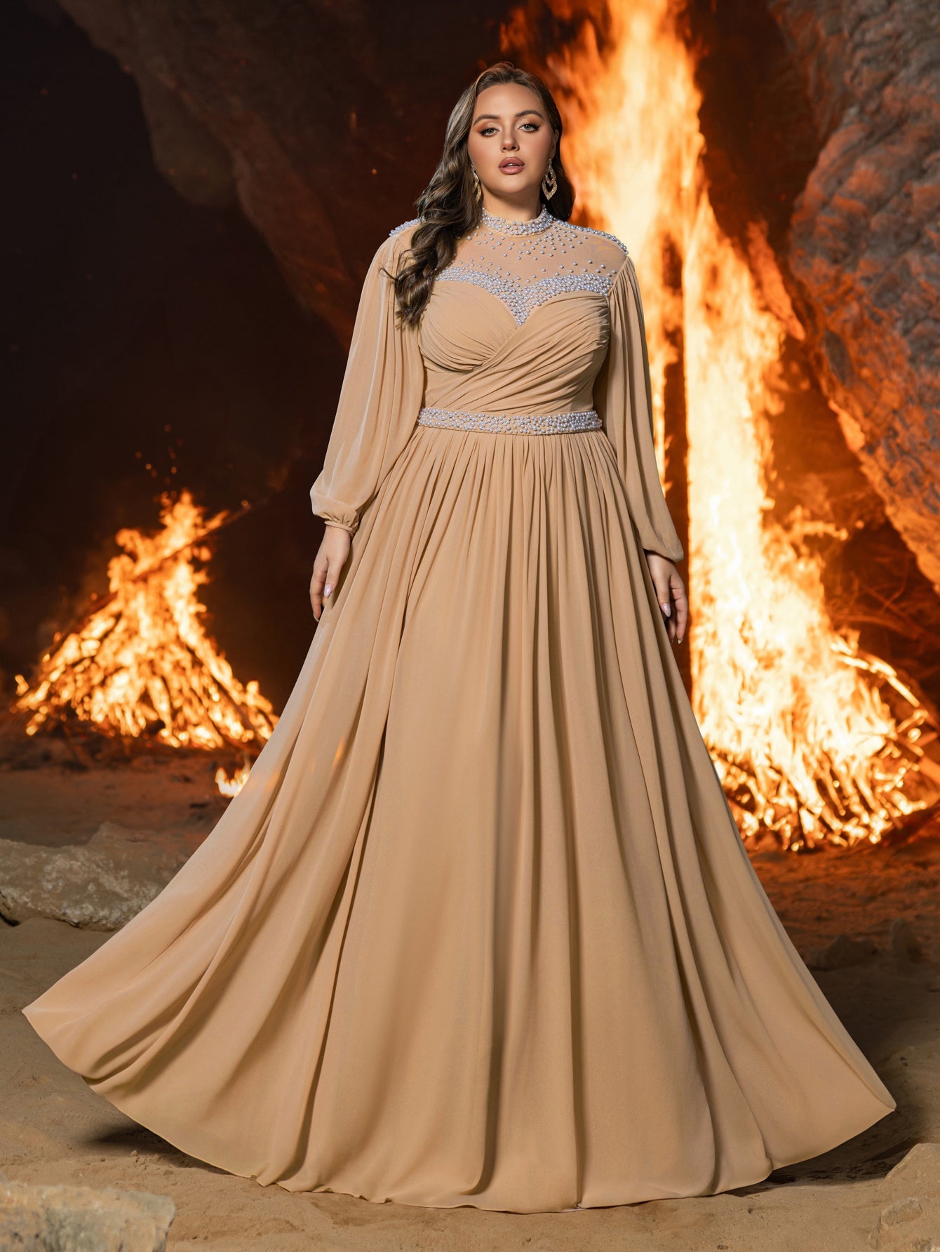 SheIn |Women's Plus Size Mandarin Collar Formal Evening Gown with Crystal Rhinestone and Pearl Embellishments, Elegant A-Line Skirt, and Flattering SheIn |Women's Plus Size Mandarin Collar Formal Evening Gown with Crystal Rhinestone and Pearl Embellishments, Elegant A-Line Skirt, and Flattering