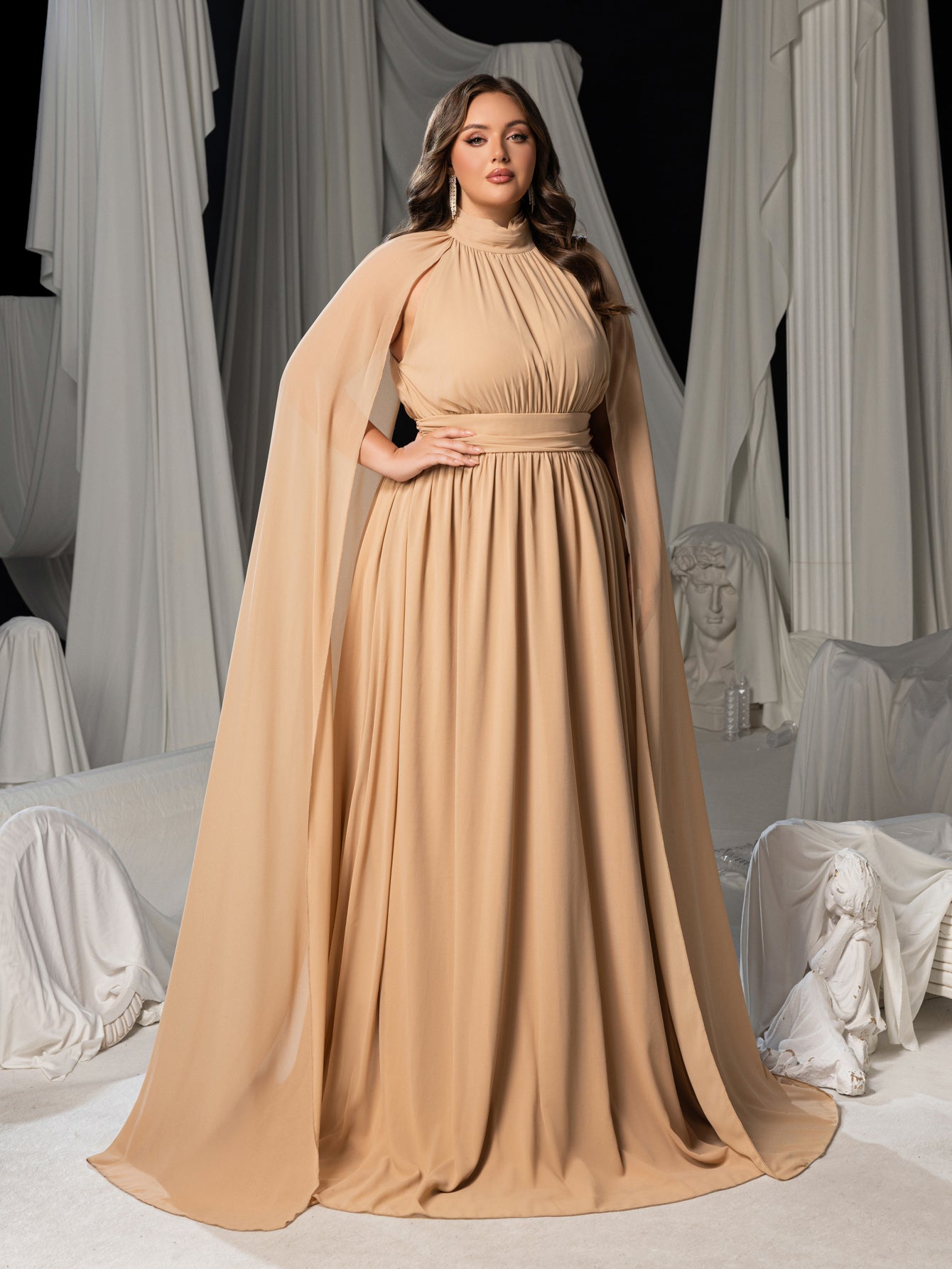 Plus Mock Neck Cloak Sleeves Chiffon Formal Cape Dress Champagne / 2XL Plus Mock Neck Cloak Sleeves Chiffon Formal Cape Dress Champagne / 2XL