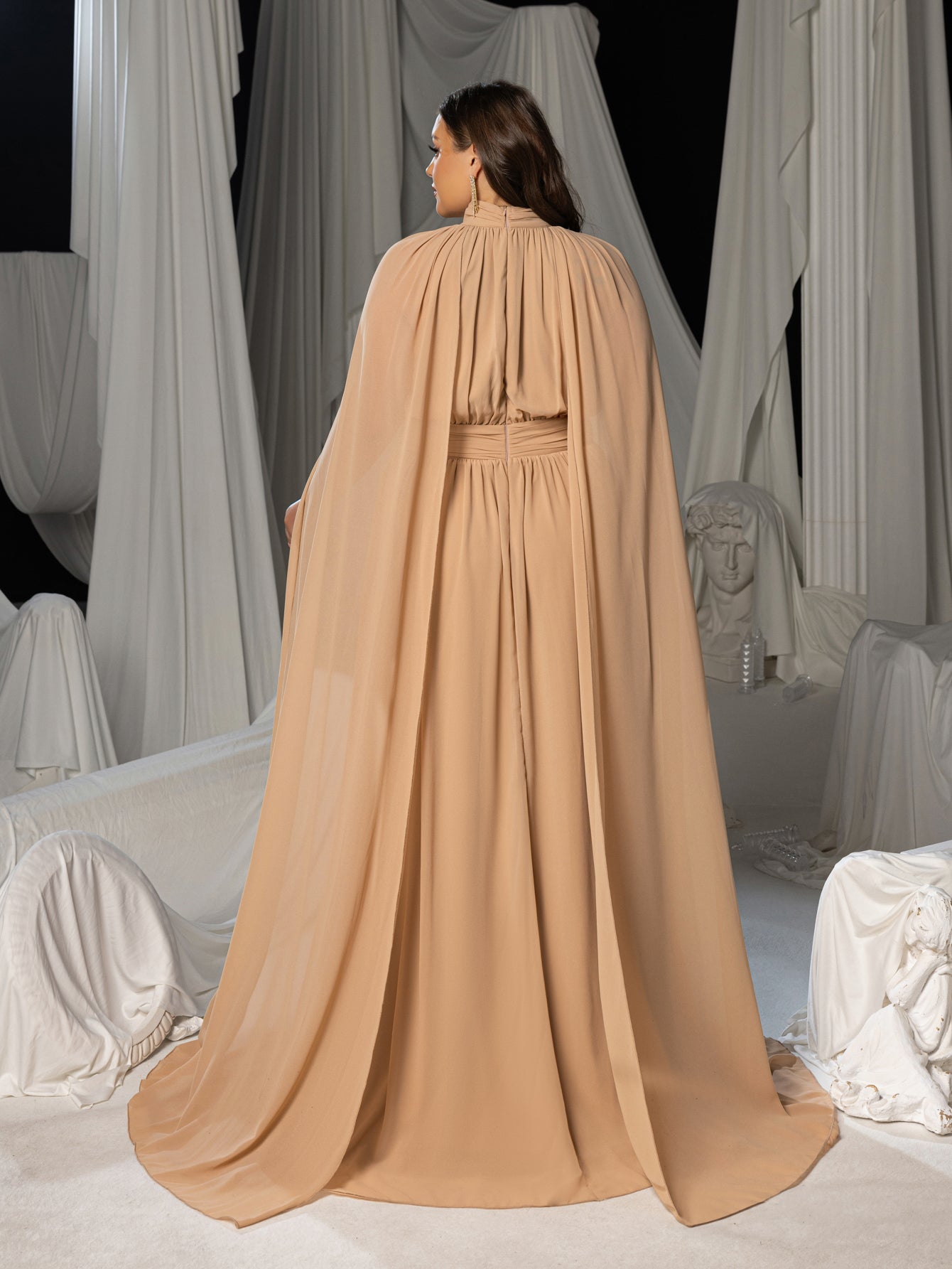 Plus Mock Neck Cloak Sleeves Chiffon Formal Cape Dress Champagne / 2XL Plus Mock Neck Cloak Sleeves Chiffon Formal Cape Dress Champagne / 2XL