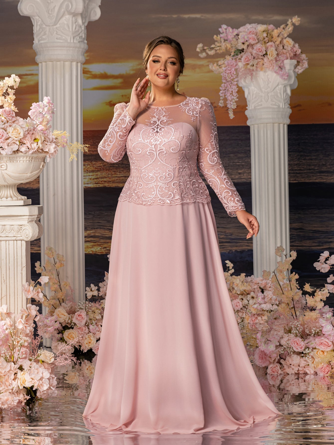 Plus Womens' Elegant Evening Gowns: Lace & Chiffon with Boat Neckline and Floral Embroidery – Timeless Formal Occasion Dresses
