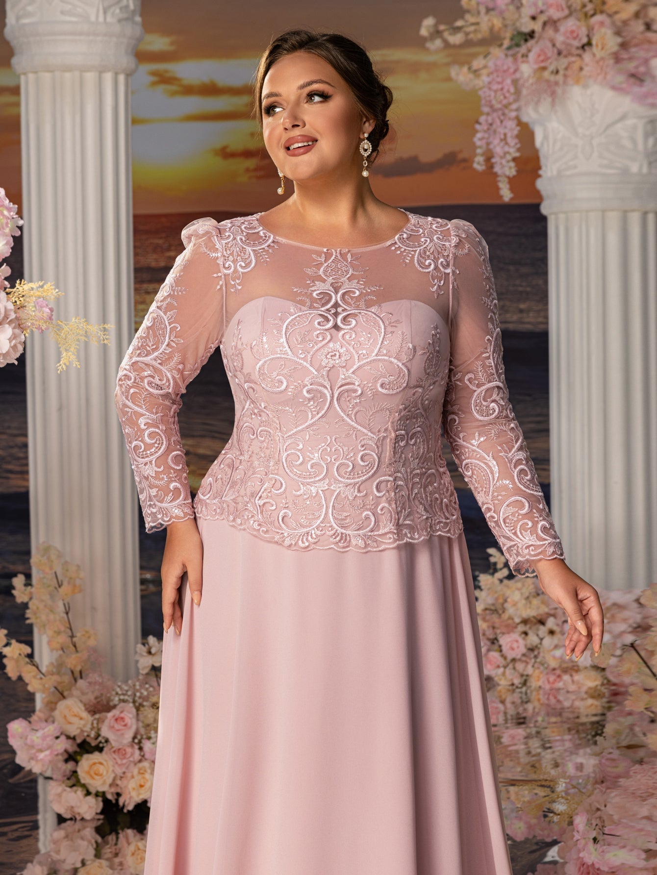 Plus Womens' Elegant Evening Gowns: Lace & Chiffon with Boat Neckline and Floral Embroidery – Timeless Formal Occasion Dresses