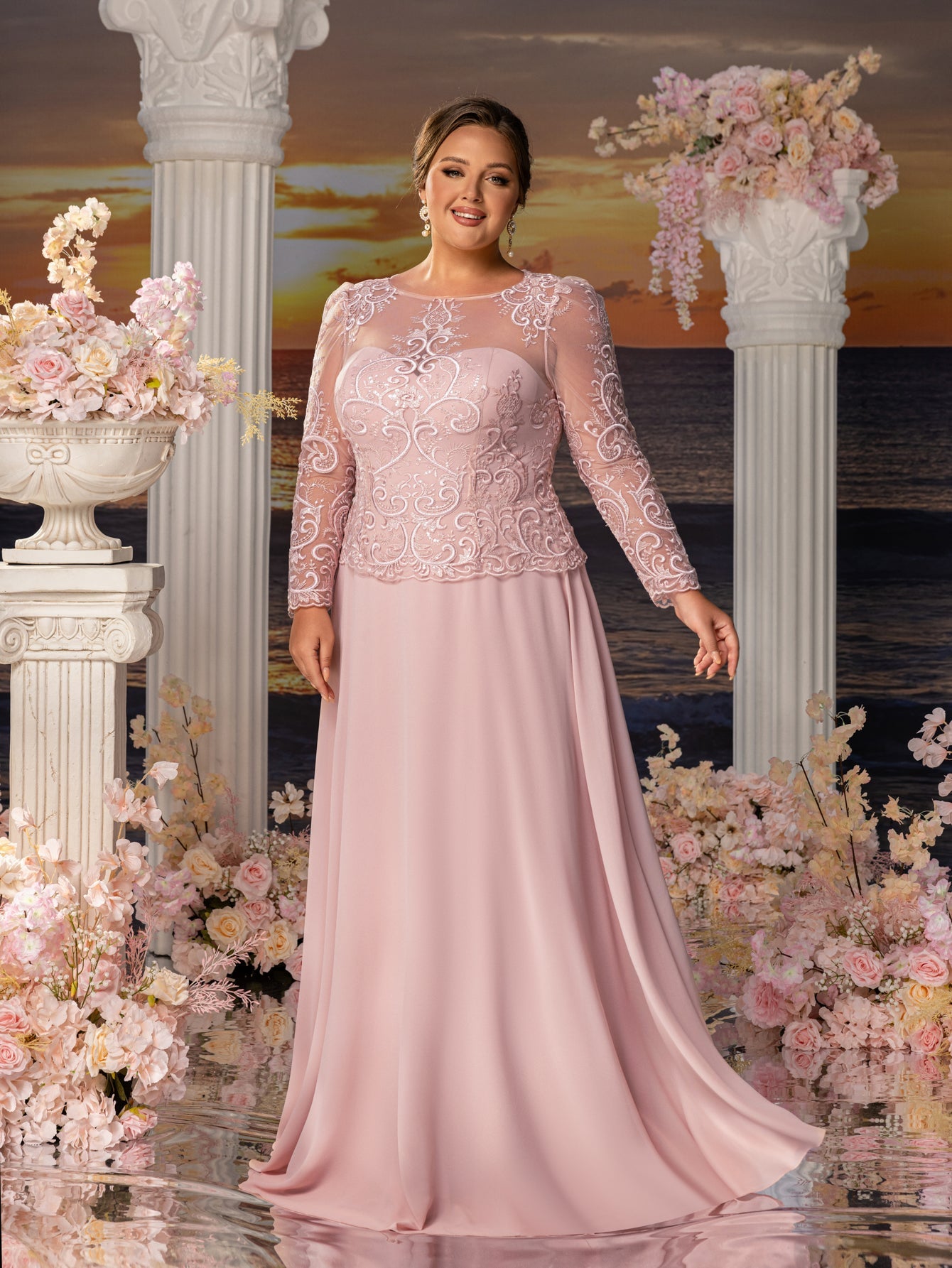 Plus Womens' Elegant Evening Gowns: Lace & Chiffon with Boat Neckline Curvepretty Plus Womens' Elegant Evening Gowns: Lace & Chiffon with Boat Neckline Curvepretty