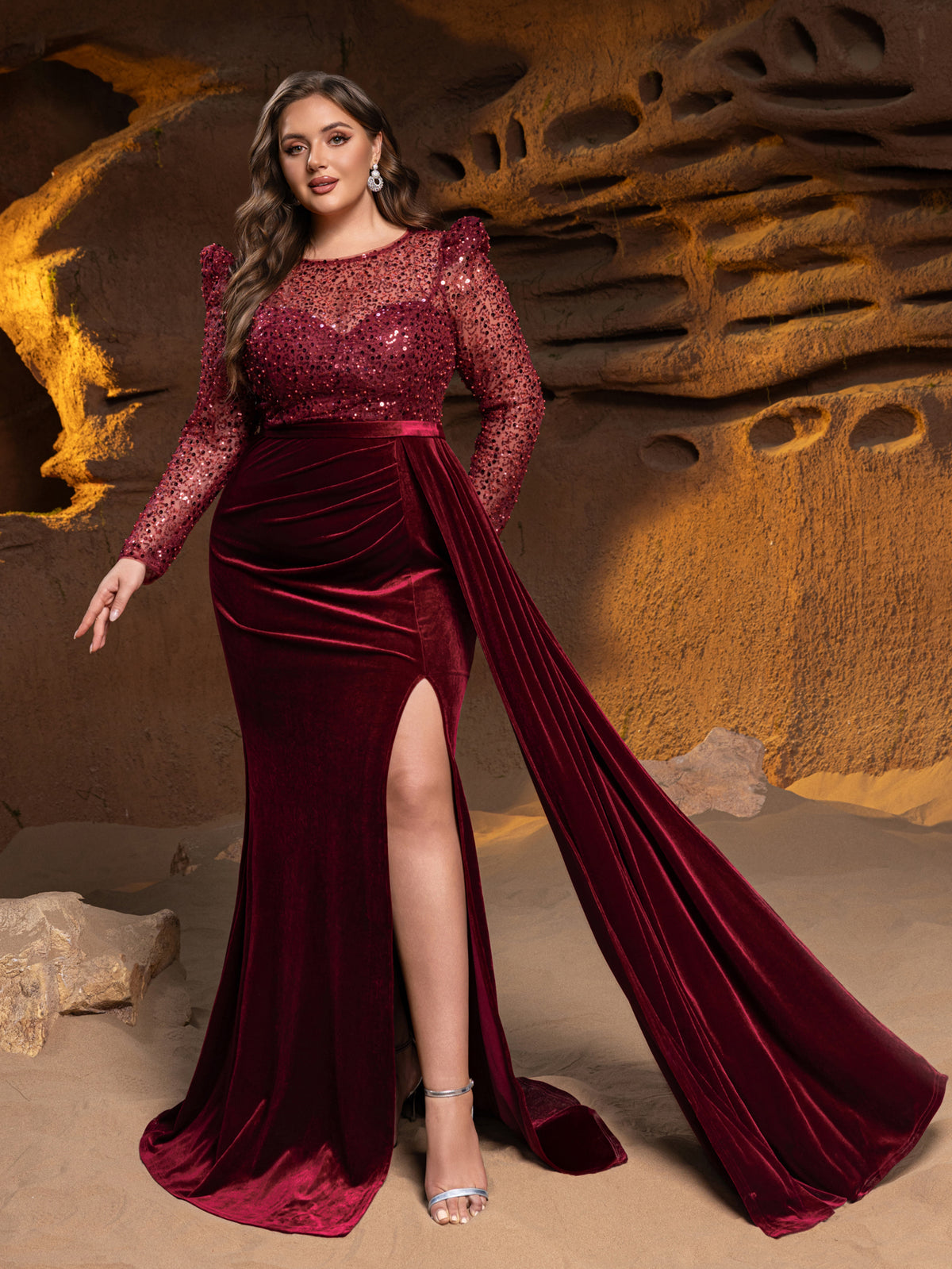 Plus Luxury Formal Gown with Sequin Bodice, Puffed Sleeves, Velvet High-Slit Skirt