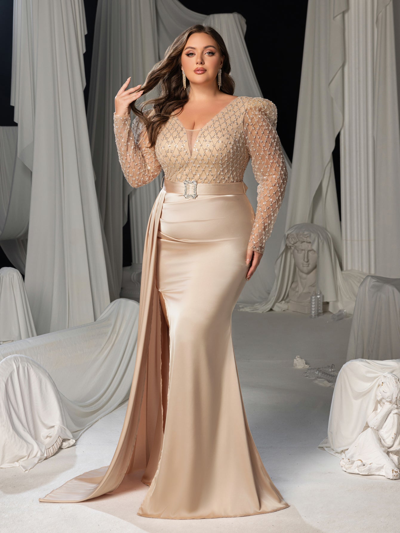 Plus Size Deep V-Neck Lace-Up Back Beaded Mermaid Evening Gown - Form Champagne / 3XL Plus Size Deep V-Neck Lace-Up Back Beaded Mermaid Evening Gown - Form Champagne / 3XL