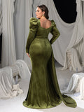 Plus Elegant Velvet Gown with Thigh-High Slit & Puff Sleeves â€?Luxury Evening Wear for Red Carpet, Gala Dinners & High-End Parties