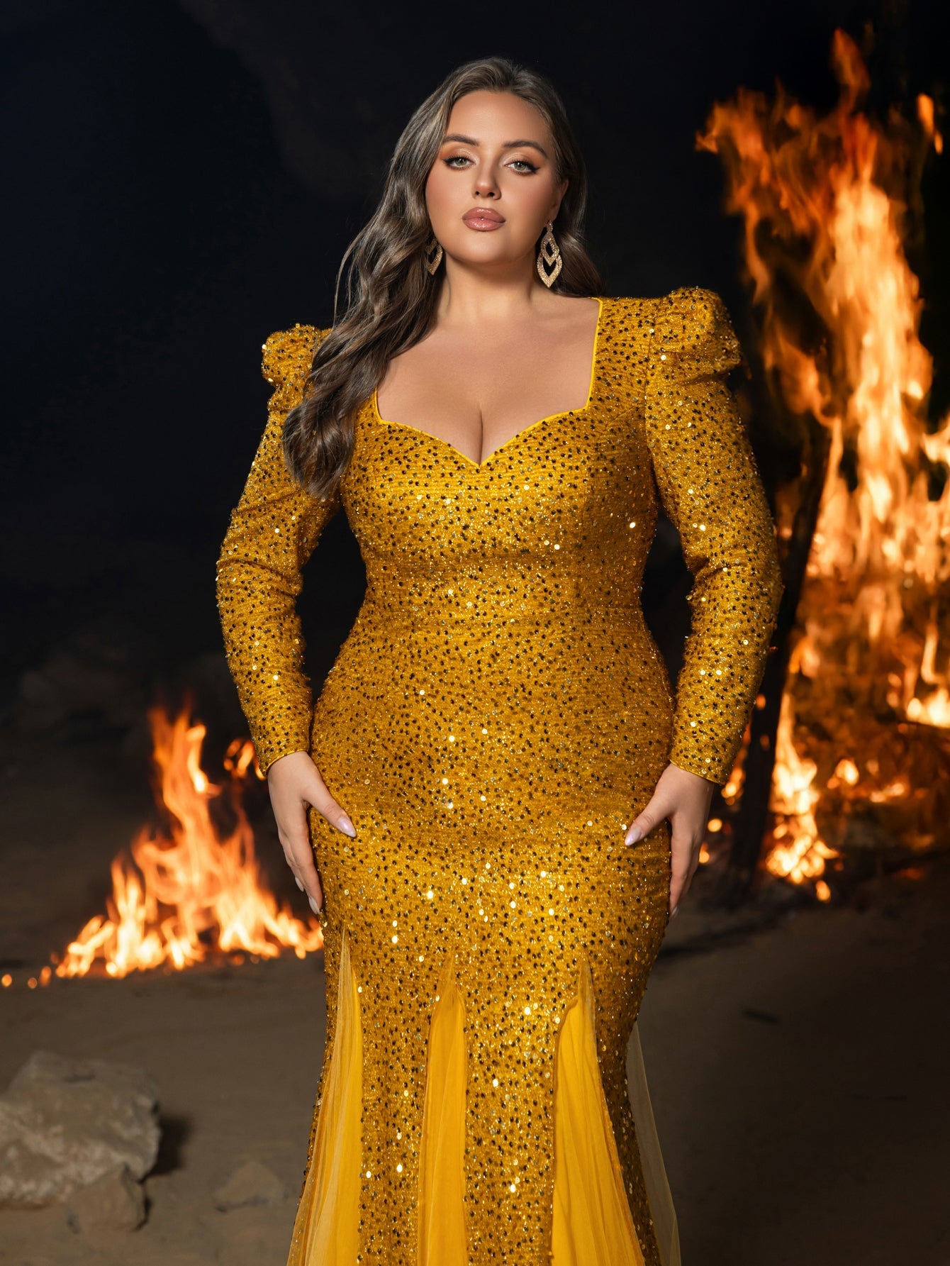 Plus Square Neck Sequin Evening Gown | Puff Sleeve & Mermaid Hem with Mesh Insert