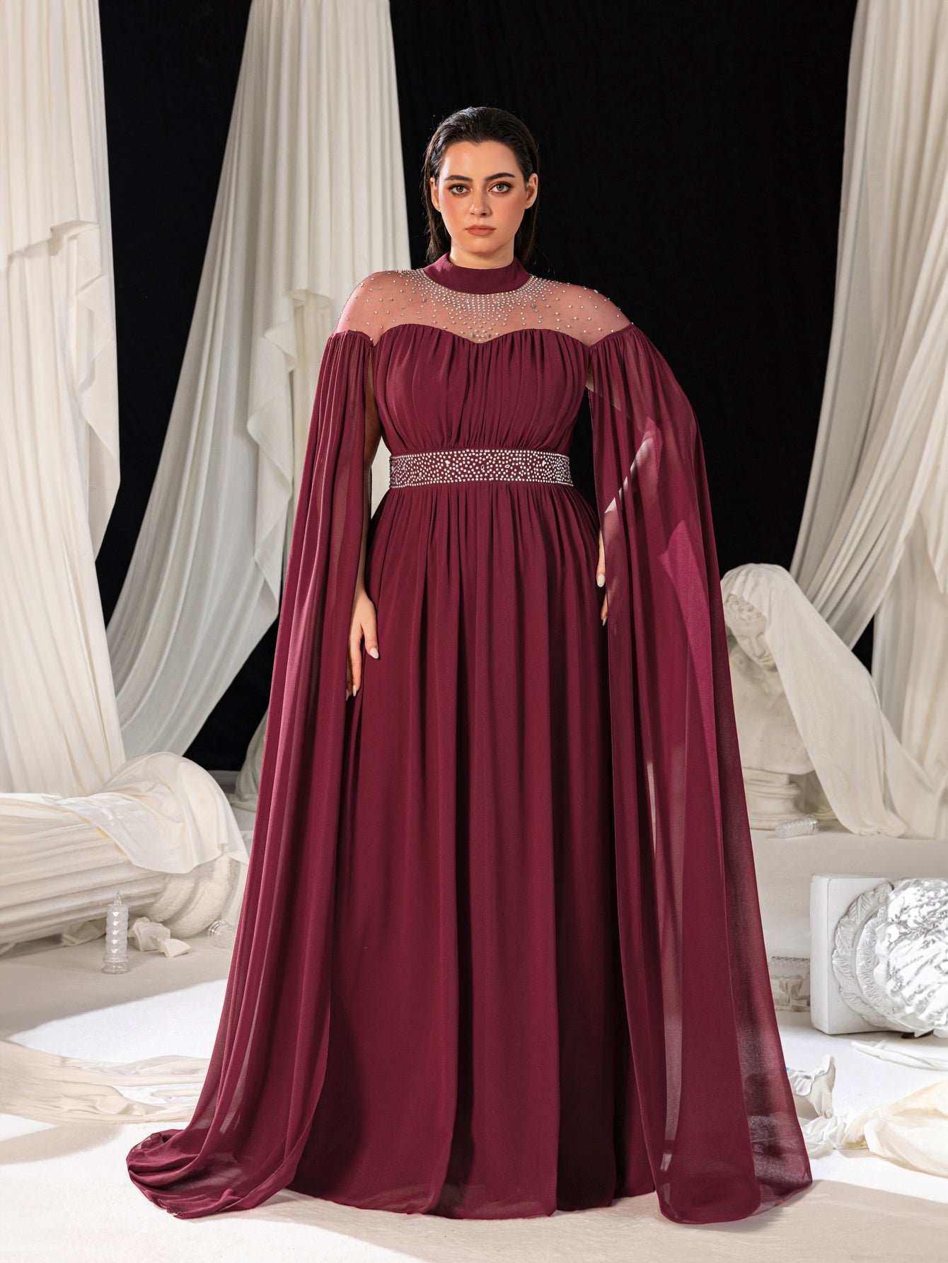 Plus Dramatic Cape Evening Dress | High Neck Chiffon with Rhineston Navy Blue / 2XL Plus Dramatic Cape Evening Dress | High Neck Chiffon with Rhineston Navy Blue / 2XL
