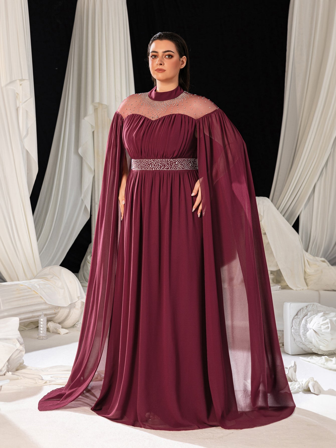 Plus Dramatic Cape Evening Dress | High Neck Chiffon with Rhinestone Details