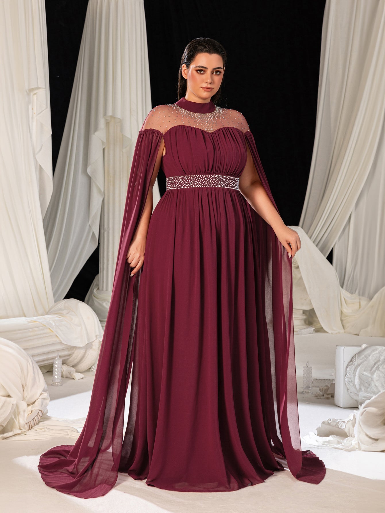 Plus Dramatic Cape Evening Dress | High Neck Chiffon with Rhinestone Details