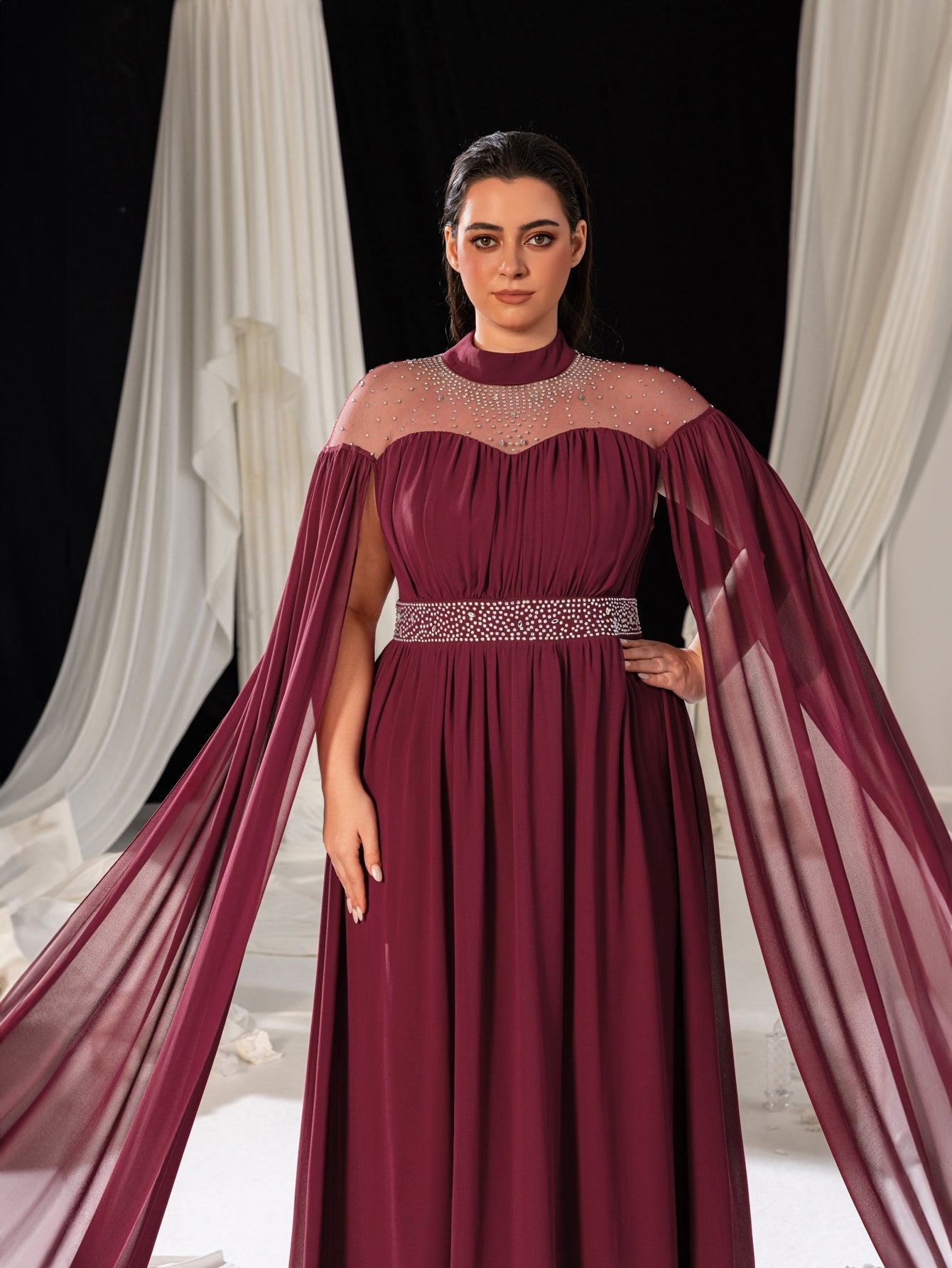 Plus Dramatic Cape Evening Dress | High Neck Chiffon with Rhinestone Details