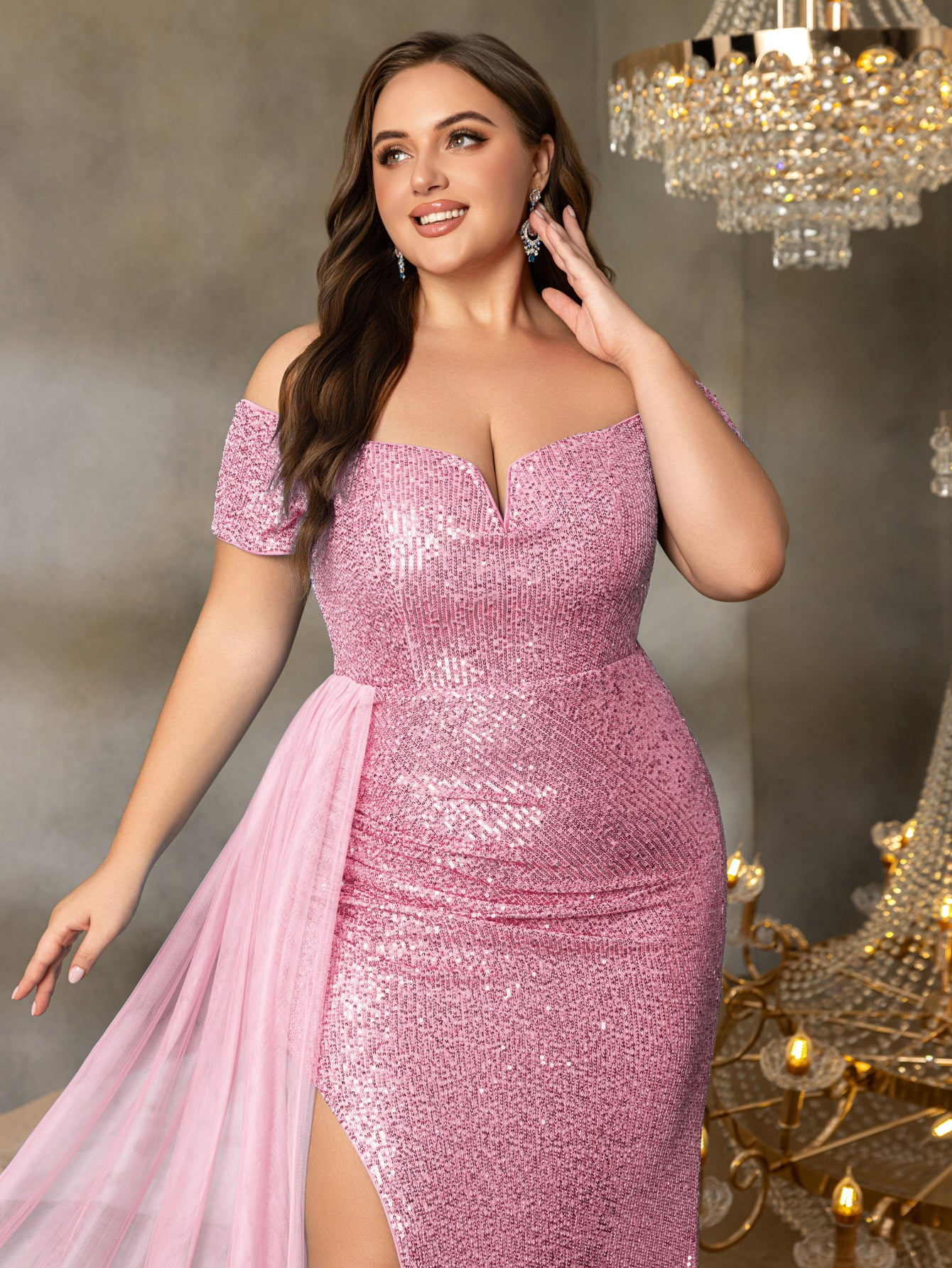 Plus Off Shoulder Sweetheart Neck Split Thigh Sequin Party Dress Pink / 2XL Plus Off Shoulder Sweetheart Neck Split Thigh Sequin Party Dress Pink / 2XL