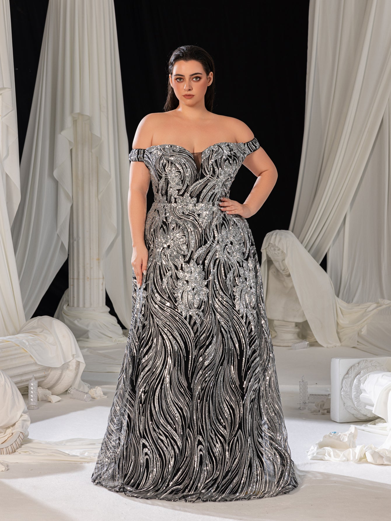 Plus Off Shoulder Graphic Sequin Formal Prom Dress