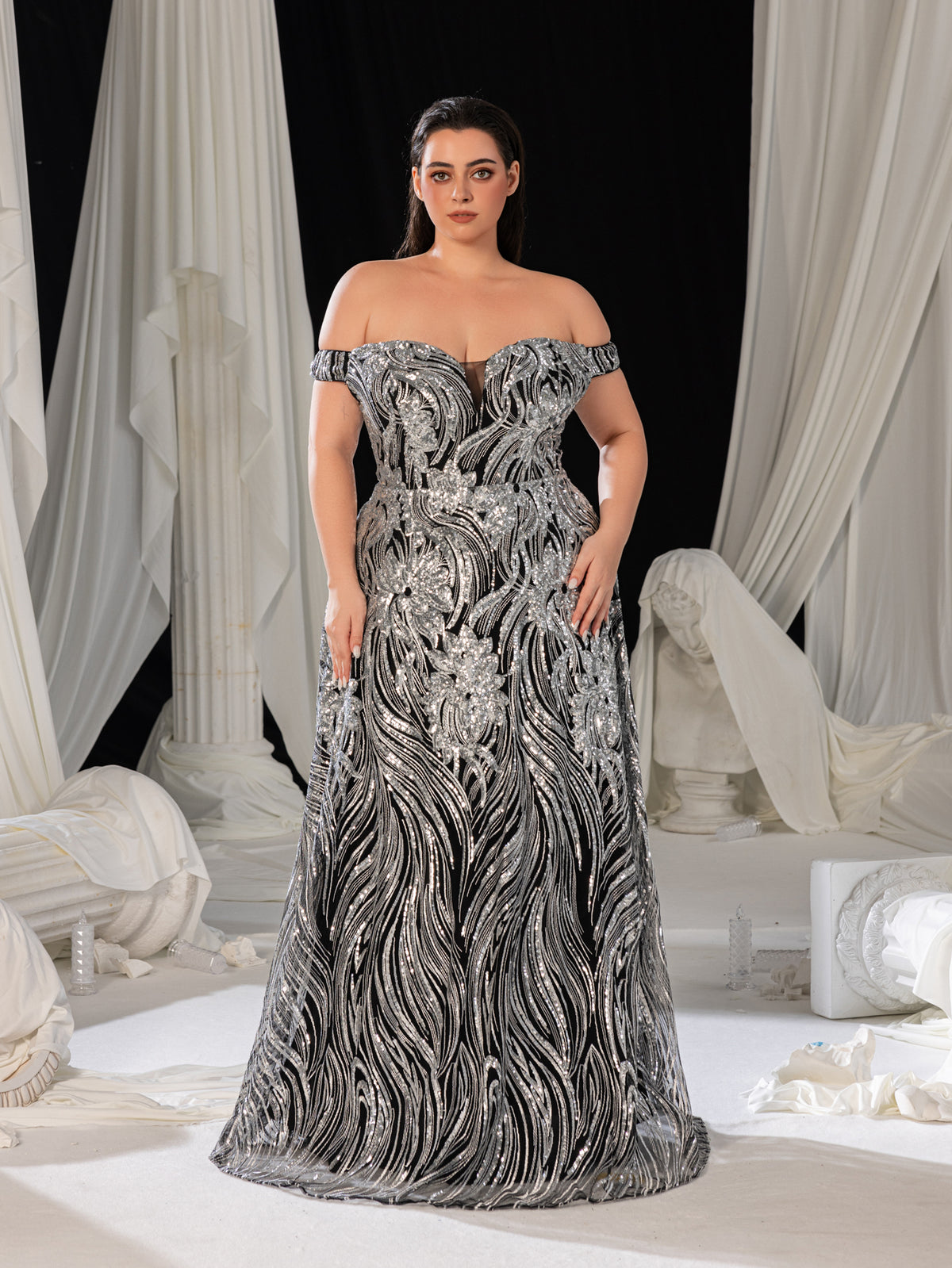 Plus Off Shoulder Graphic Sequin Formal Prom Dress