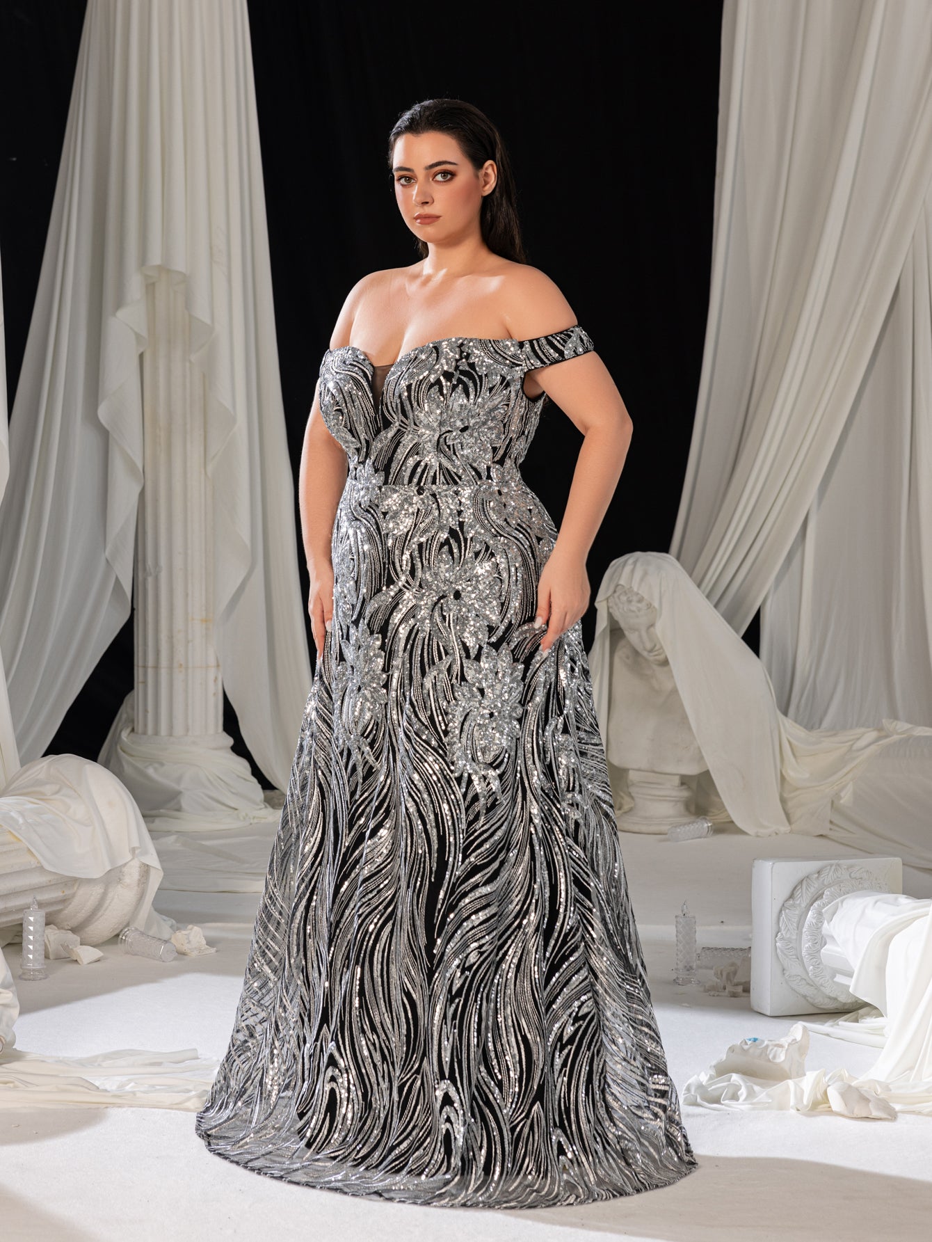 Plus Off Shoulder Graphic Sequin Formal Prom Dress