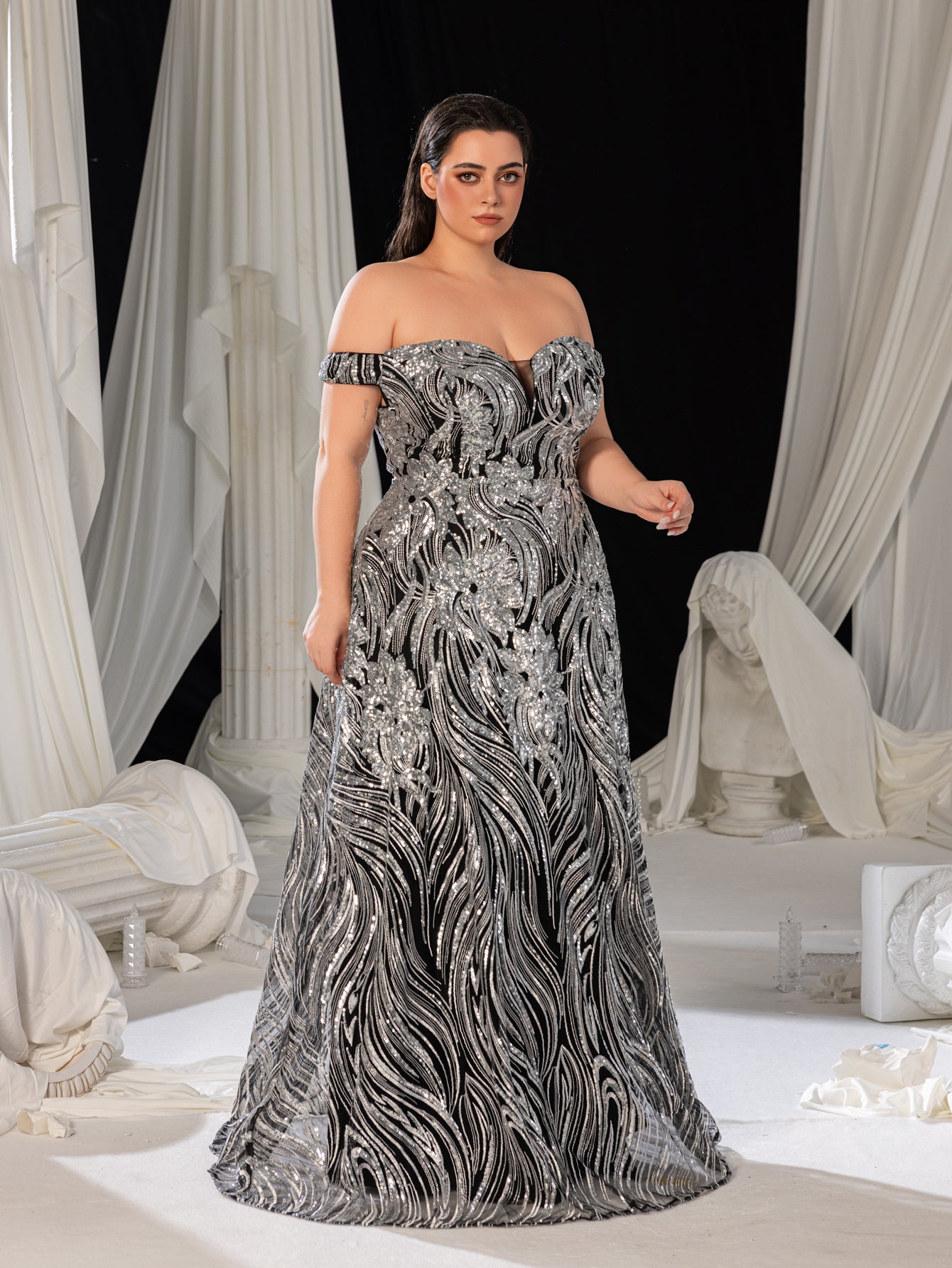 Plus Off Shoulder Graphic Sequin Formal Prom Dress