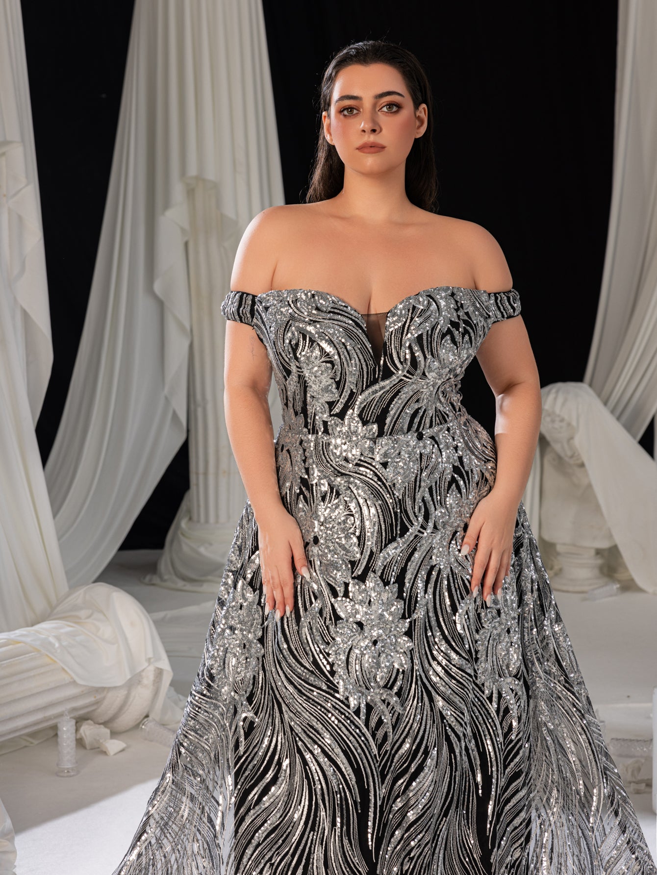 Plus Off Shoulder Graphic Sequin Formal Prom Dress