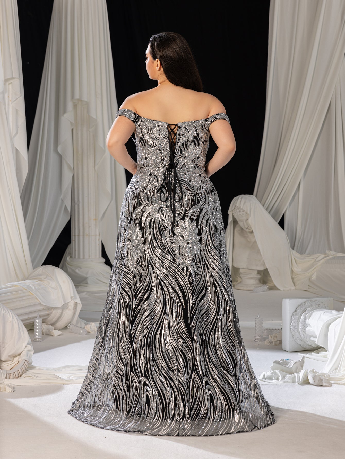 Plus Off Shoulder Graphic Sequin Formal Prom Dress