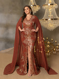 Plus Gorgeous Sequin Embroidery Evening Gown - V-Neck Mermaid Dress with Cape Sleeves & High Slit