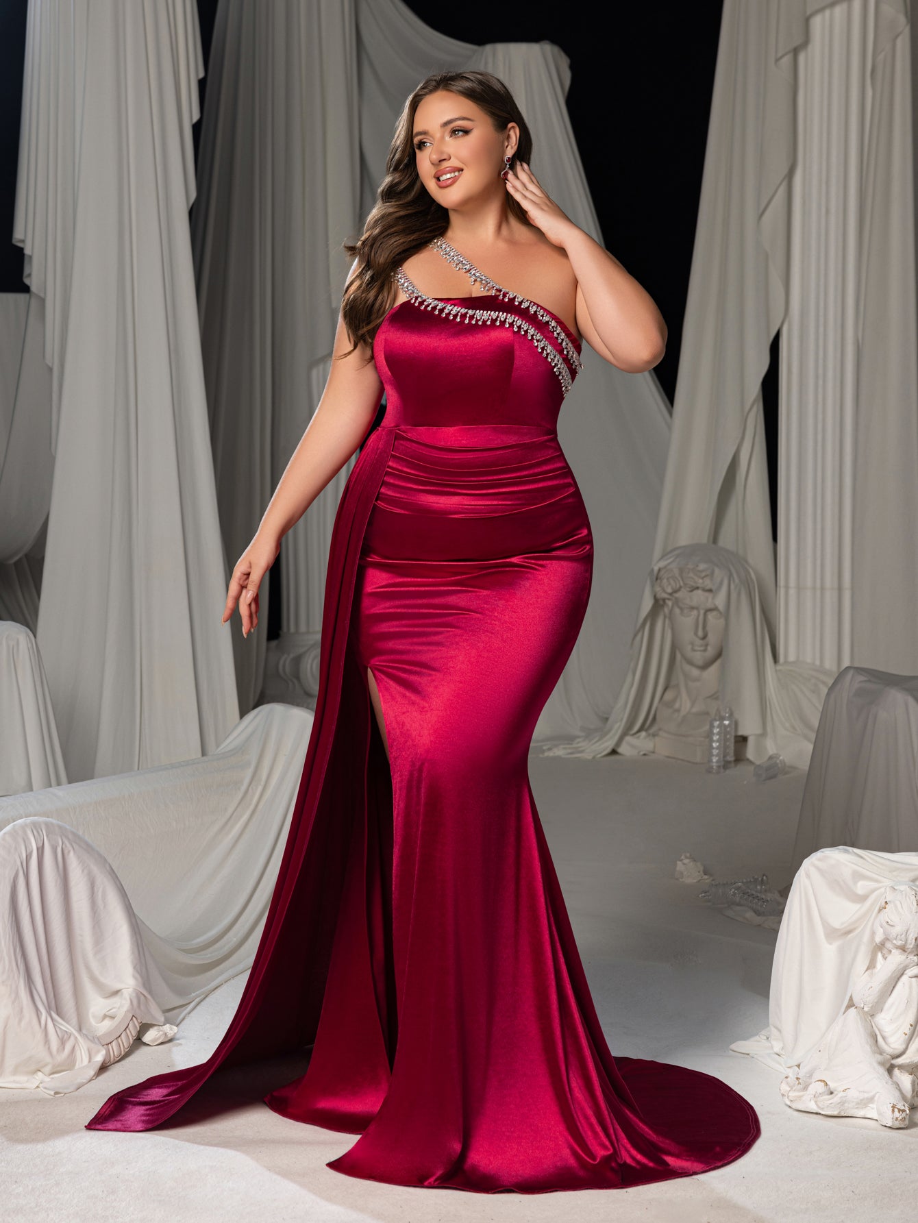 Plus Size Satin One-Shoulder Mermaid Evening Gown with High Slit & Rhinestone Chain