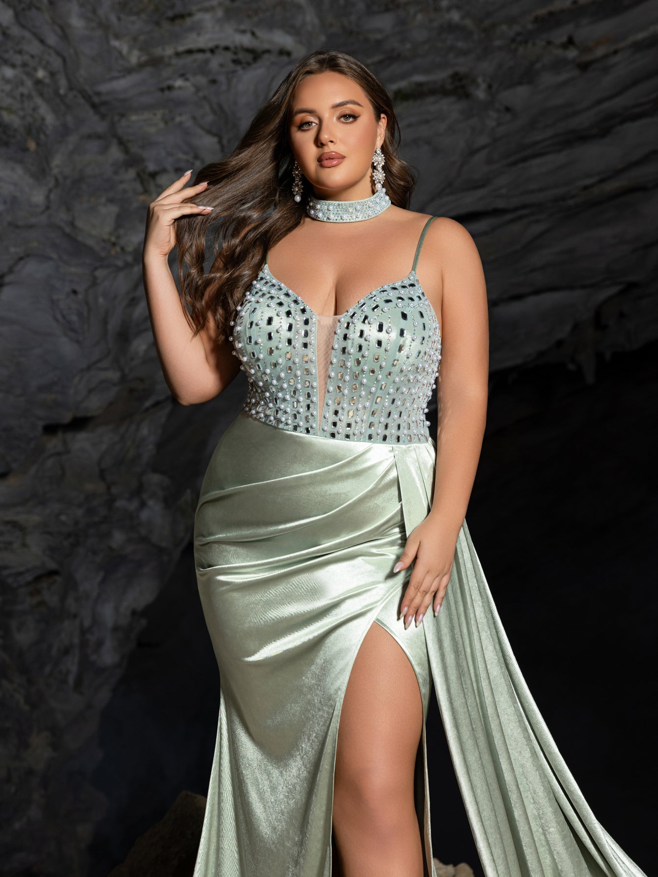 Plus Beaded Sweetheart Mermaid Gown | Spaghetti Straps with Side Slit & Cascading Train