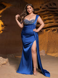 Plus Asymmetrical Neck Split Thigh Satin Mermaid Dress Evening Dress