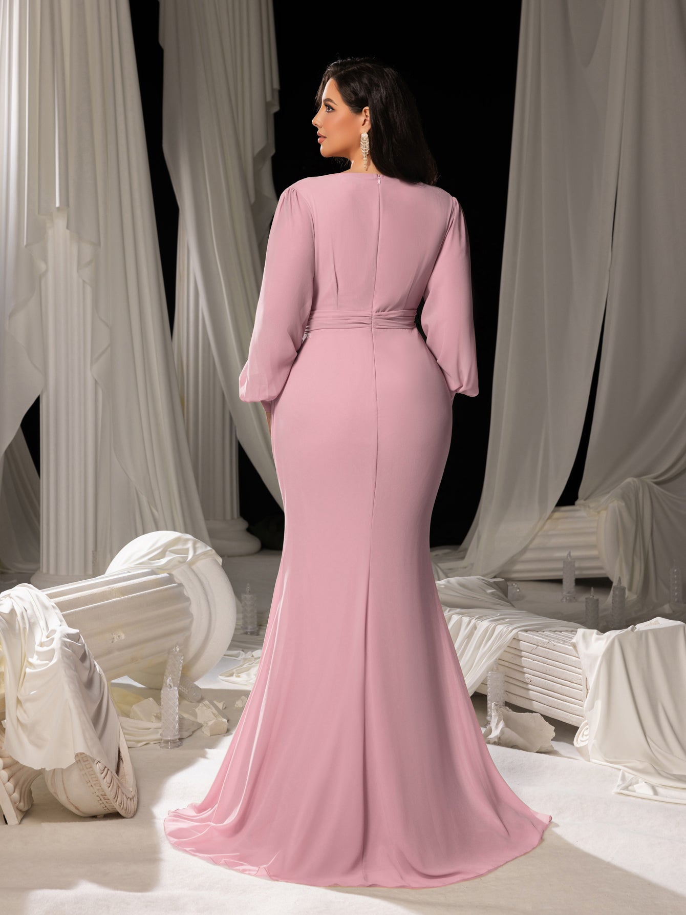 pink long sleeve mermaid dress Long-Sleeved Mermaid Dress with Overskirt Pink / FR 32
