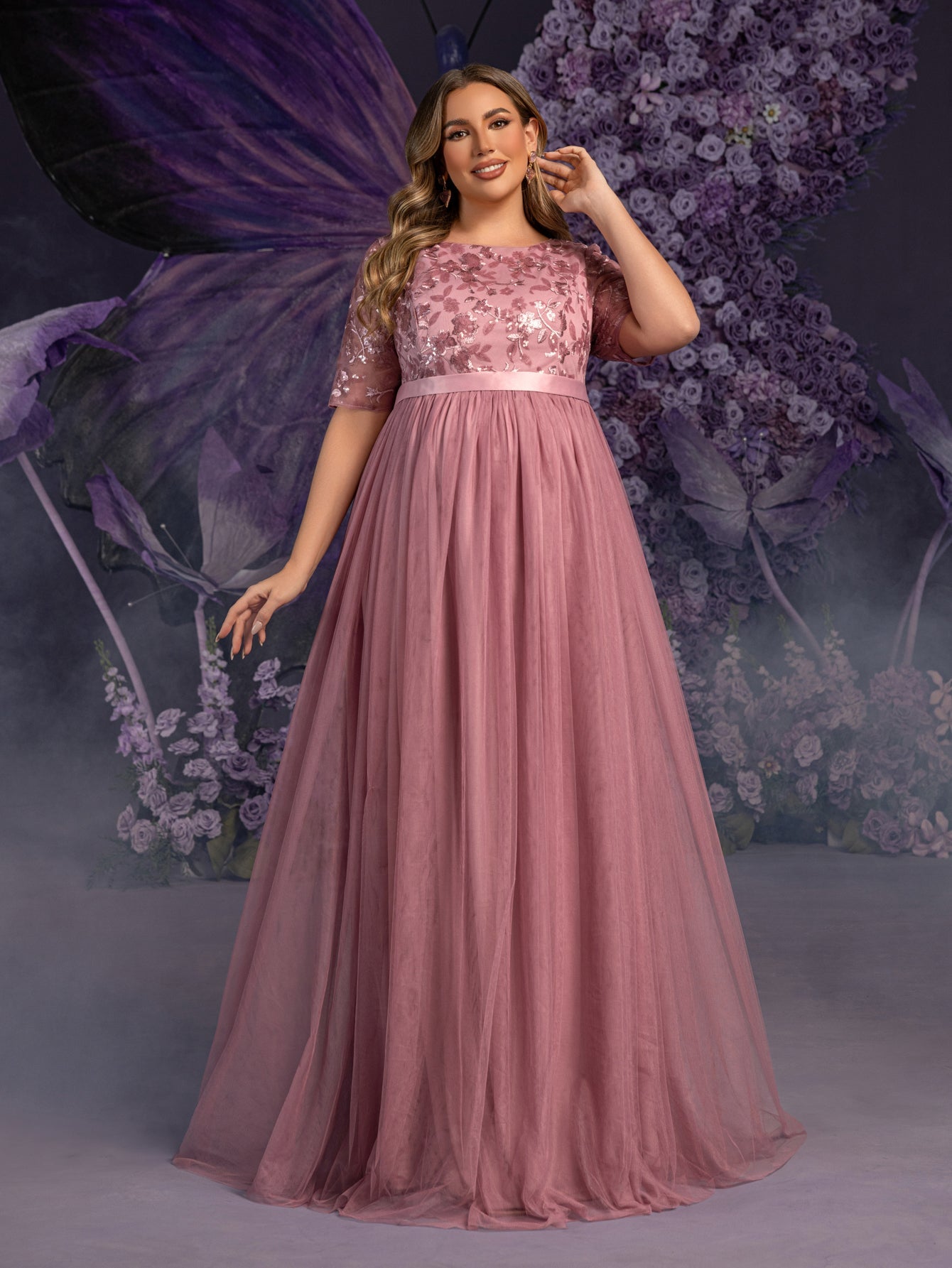 Plus Maternity Floral Sequin Embroidered Bodice Formal Party Dress, Mauve / 1XL Plus Maternity Floral Sequin Embroidered Bodice Formal Party Dress, Mauve / 1XL
