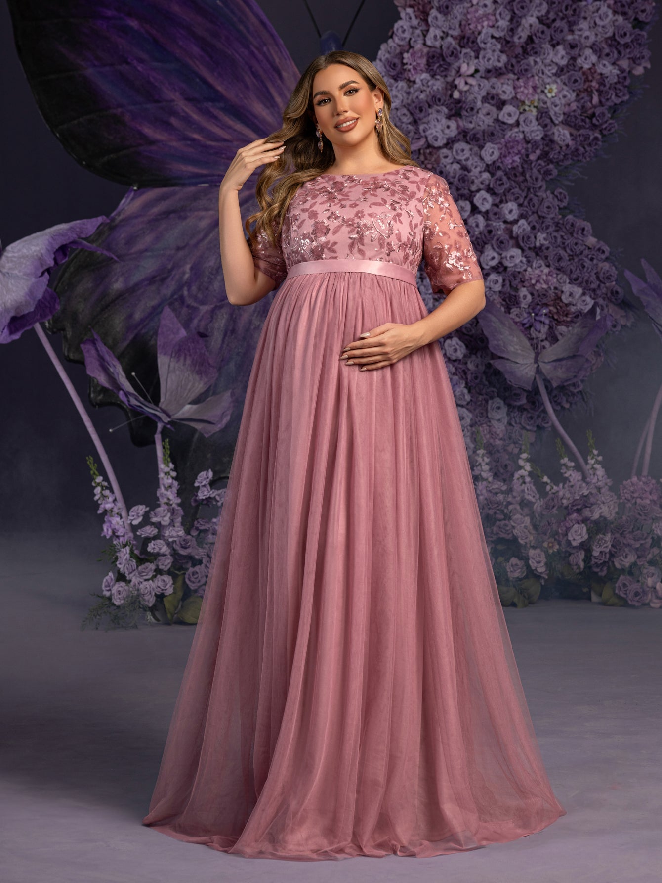 Plus Maternity Floral Sequin Embroidered Bodice Formal Party Dress, Mauve / 1XL Plus Maternity Floral Sequin Embroidered Bodice Formal Party Dress, Mauve / 1XL