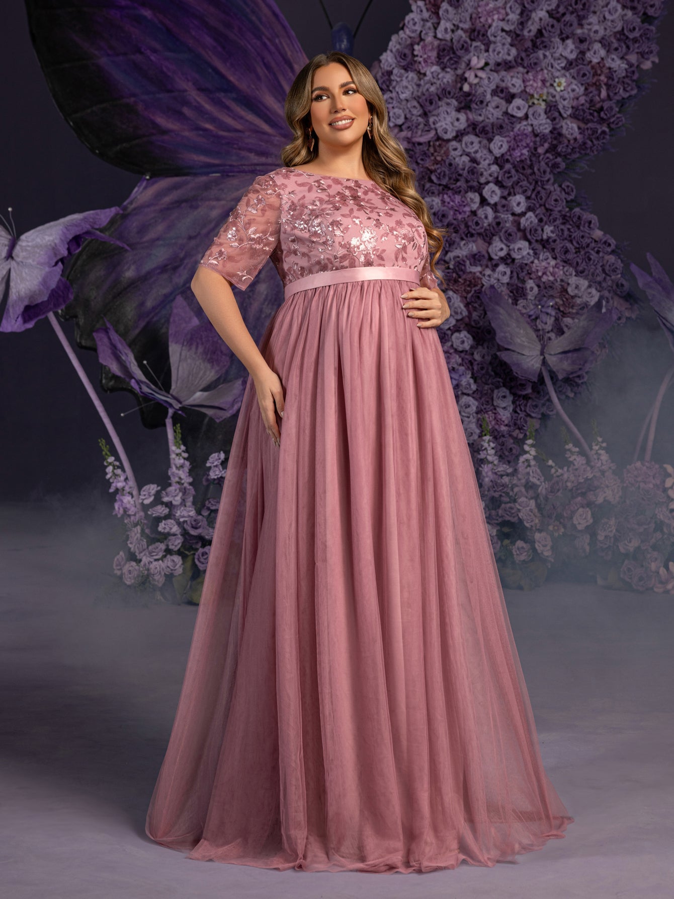 Plus Maternity Floral Sequin Embroidered Bodice Formal Party Dress, Mauve / 1XL Plus Maternity Floral Sequin Embroidered Bodice Formal Party Dress, Mauve / 1XL