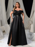 Plus Off Shoulder Buckle Belted Satin Ball Gown