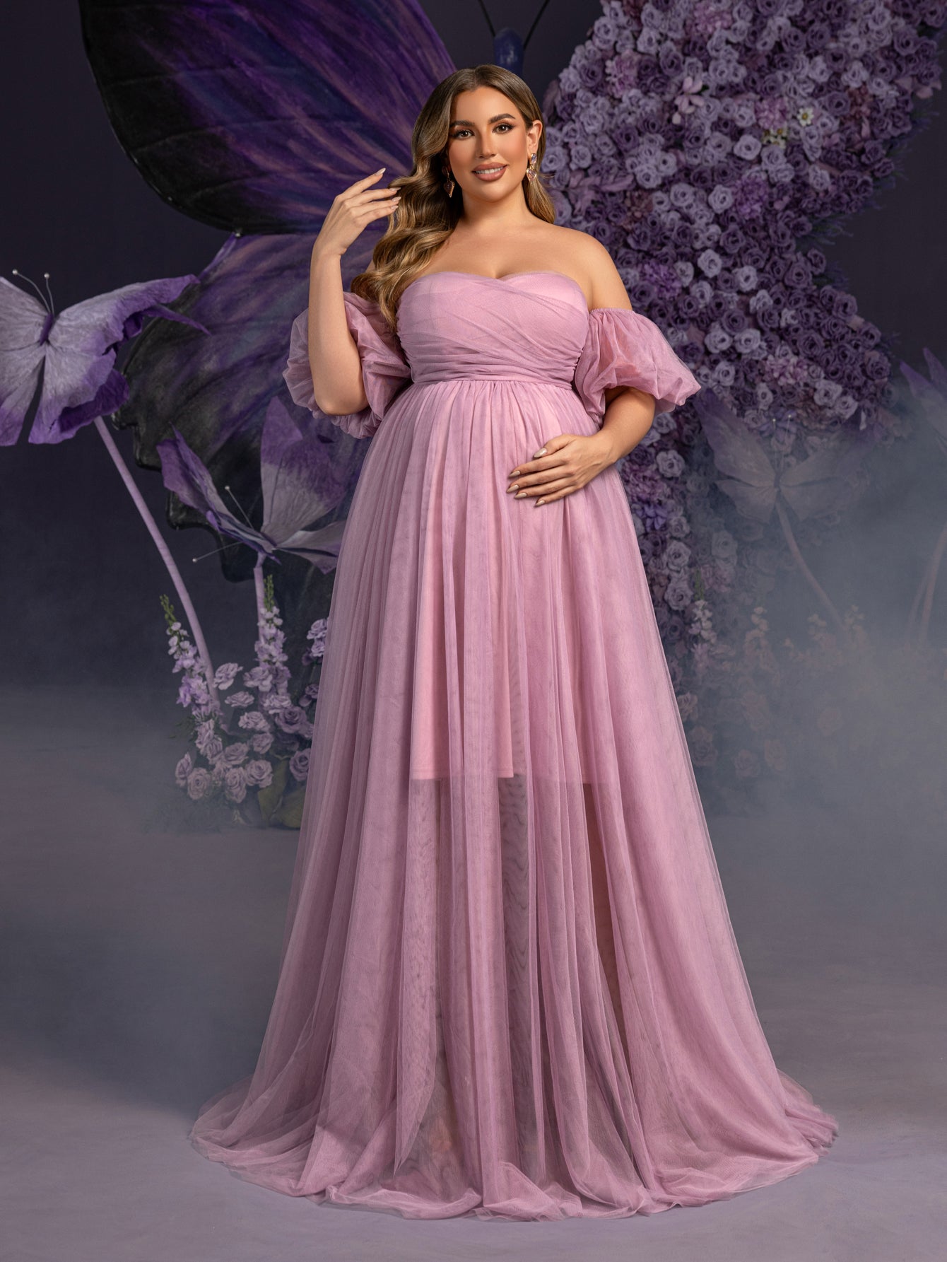Plus Maternity Strapless Tulle Gown with Puffed Sleeves & Ruched Bodi Mauve / 5XL Plus Maternity Strapless Tulle Gown with Puffed Sleeves & Ruched Bodi Mauve / 5XL