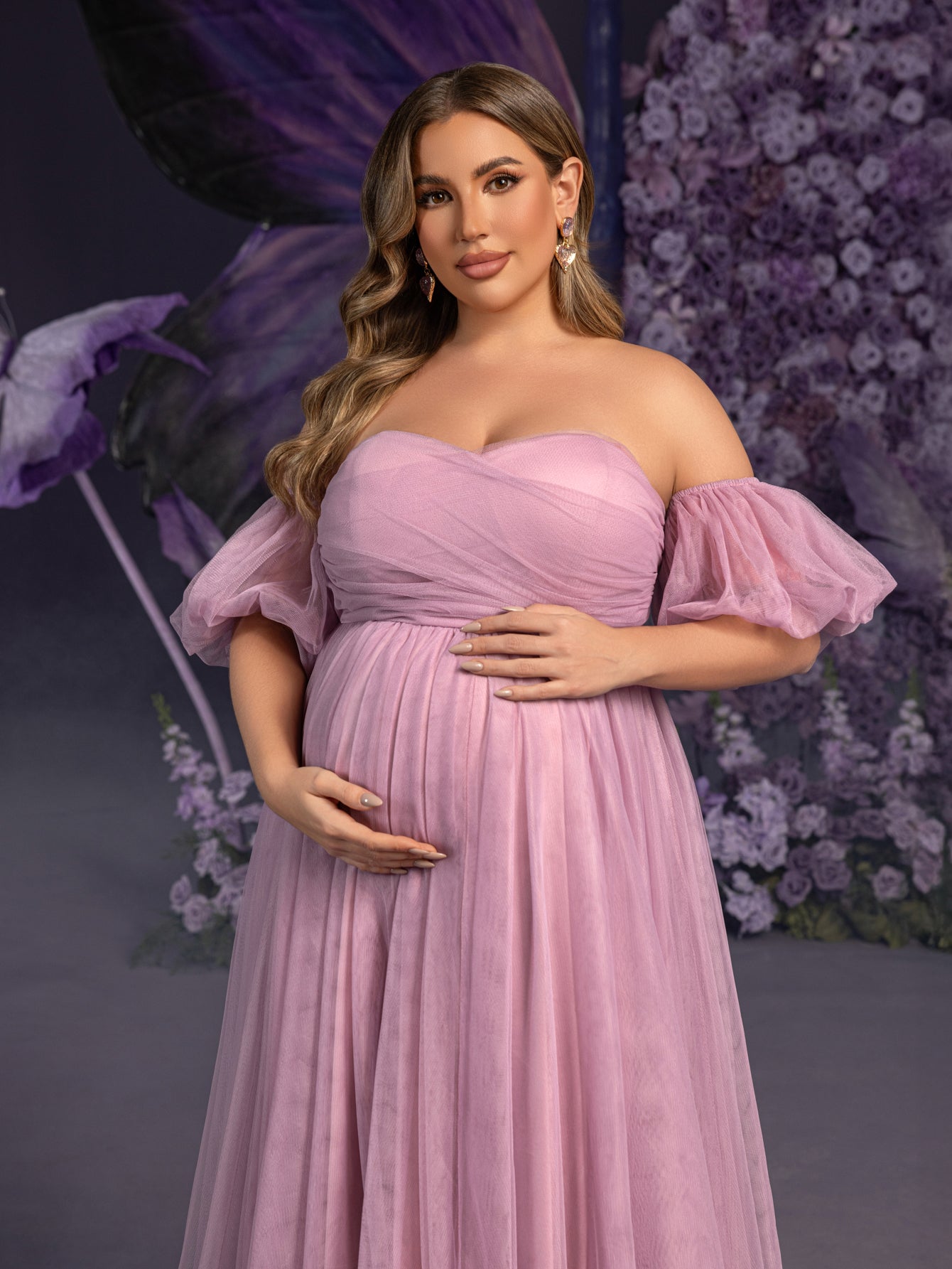 Plus Maternity Strapless Tulle Gown with Puffed Sleeves & Ruched Bodi Mauve / 5XL Plus Maternity Strapless Tulle Gown with Puffed Sleeves & Ruched Bodi Mauve / 5XL