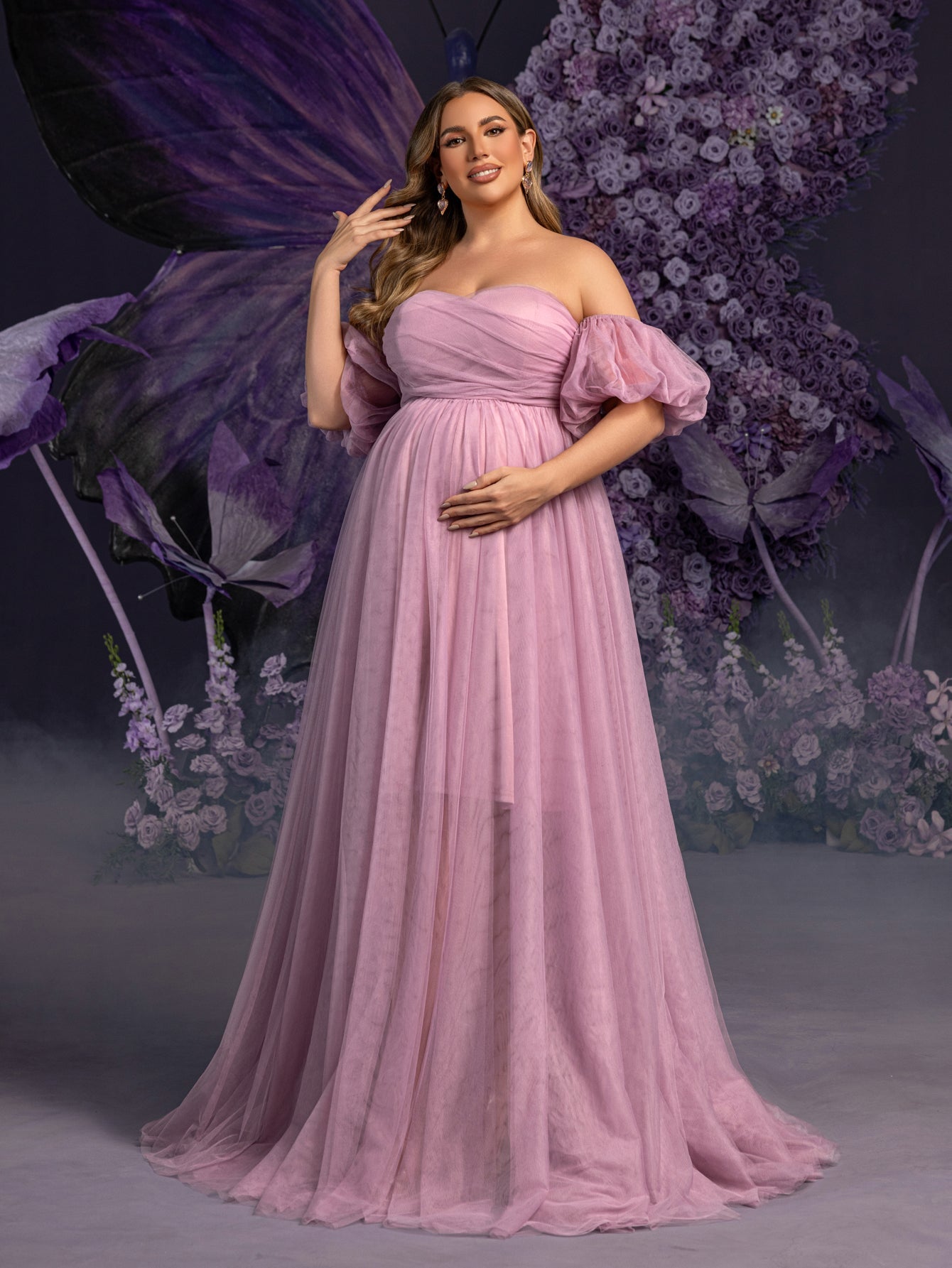 Plus Maternity Strapless Tulle Gown with Puffed Sleeves & Ruched Bodi Mauve / 5XL Plus Maternity Strapless Tulle Gown with Puffed Sleeves & Ruched Bodi Mauve / 5XL