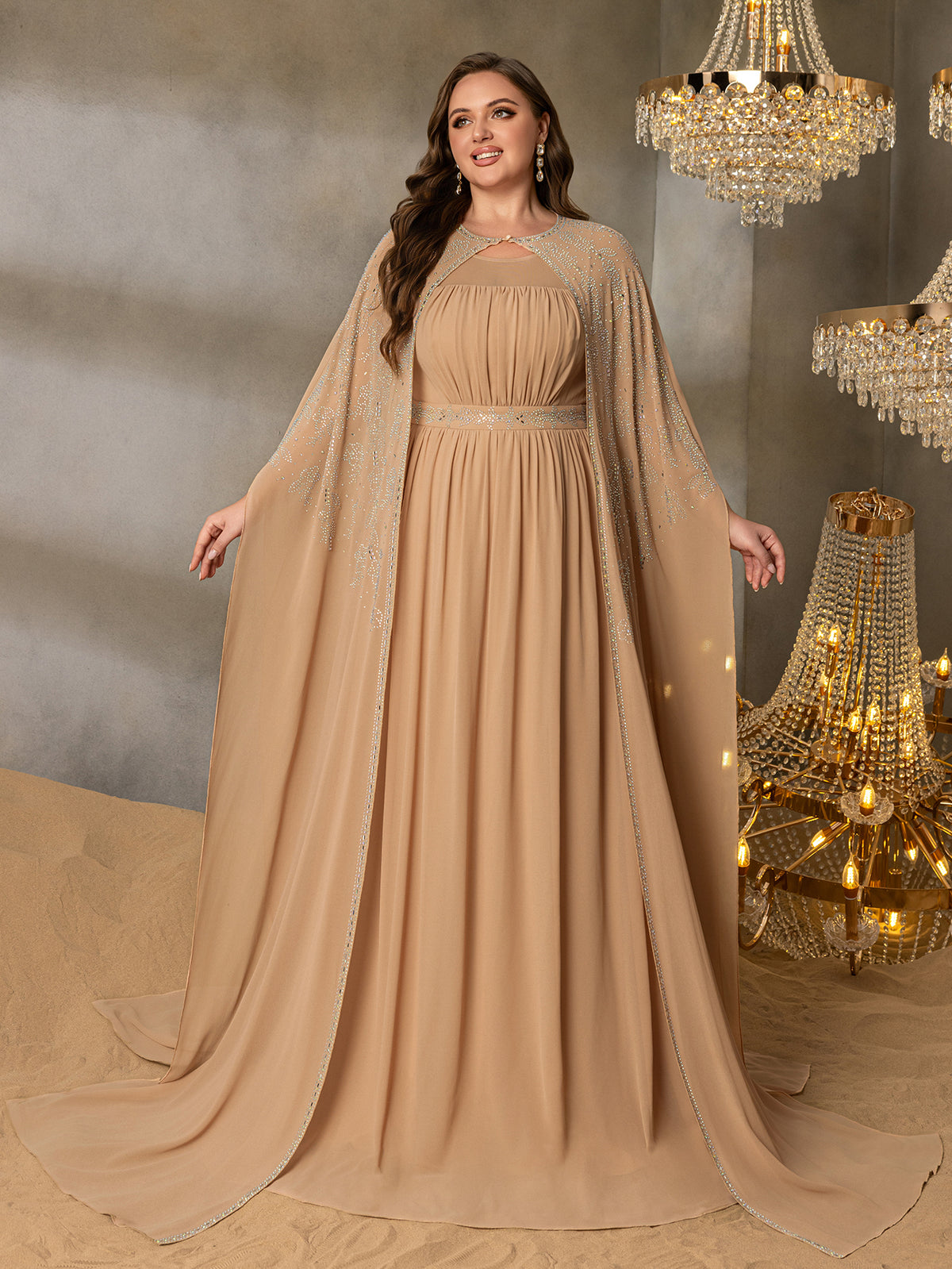 Plus Gorgeous Two-Piece Chiffon Evening Dress | Rhinestone Cape Sleeves & A-Line Skirt with Cathedral Train