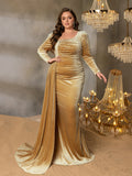 Plus Elegant Pearl Embellished Diagonal Neck Mermaid Hem Velvet Formal Evening Dress