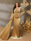 Plus Elegant Pearl Embellished Diagonal Neck Mermaid Hem Velvet Formal Evening Dress