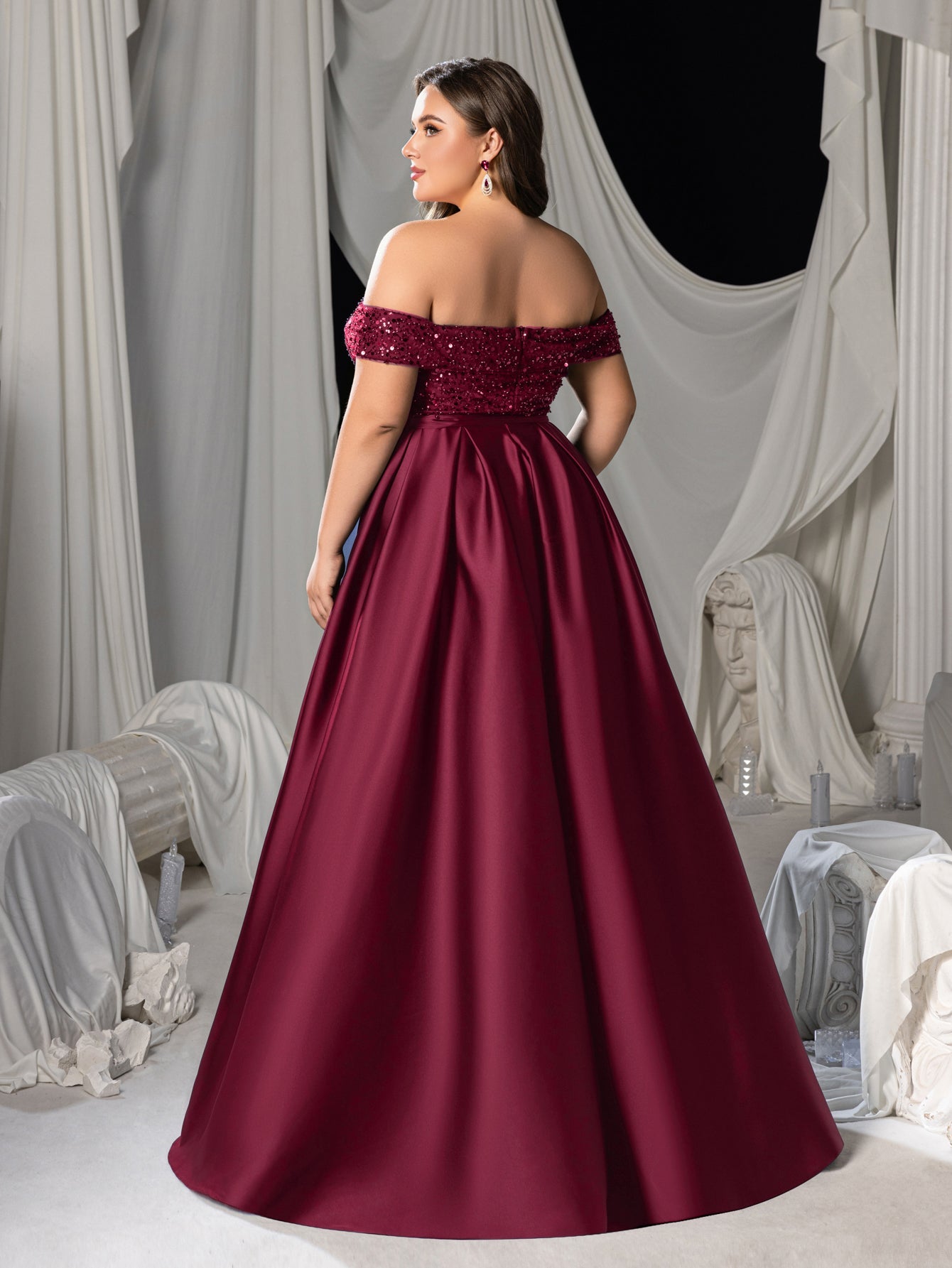 Plus Elegant Off-Shoulder Evening Gown with Sequin Embellishments â€?High Slit Satin Skirt & Back Zipper for Luxury Weddings or Evening Glam