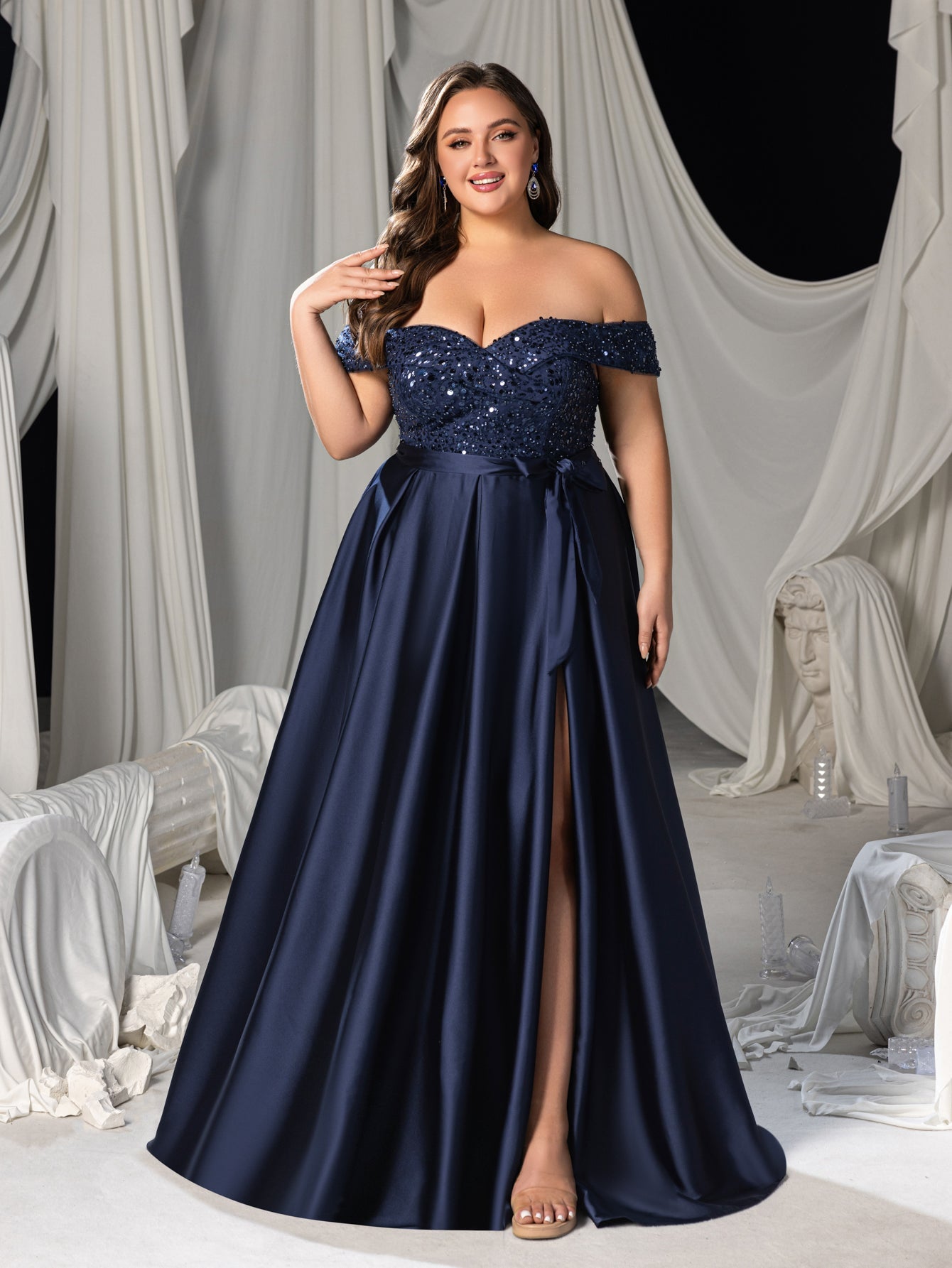 Plus Elegant Off-Shoulder Evening Gown with Sequin Embellishments â€?High Slit Satin Skirt & Back Zipper for Luxury Weddings or Evening Glam
