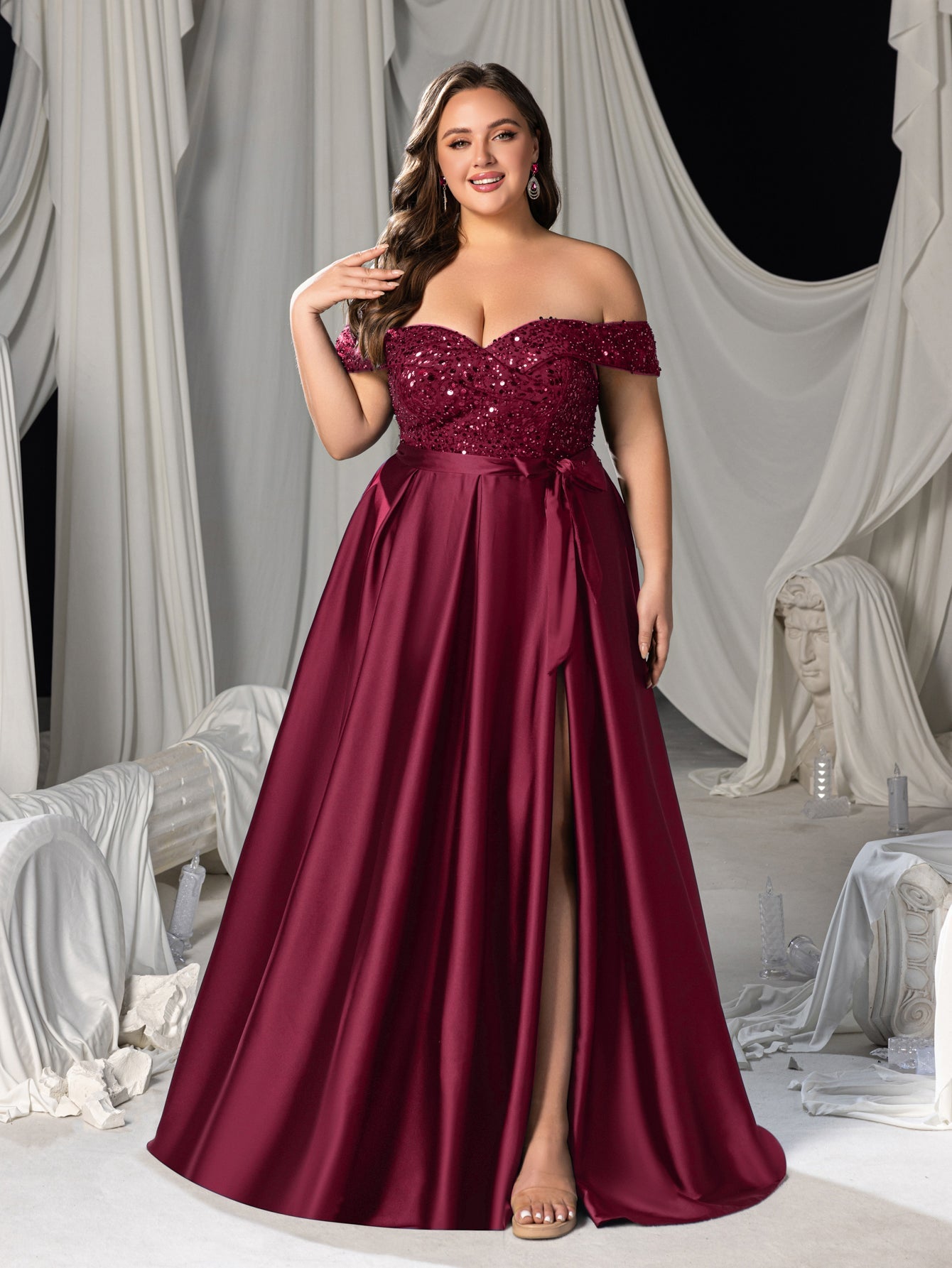Plus Elegant Off-Shoulder Evening Gown with Sequin Embellishments â€?High Slit Satin Skirt & Back Zipper for Luxury Weddings or Evening Glam